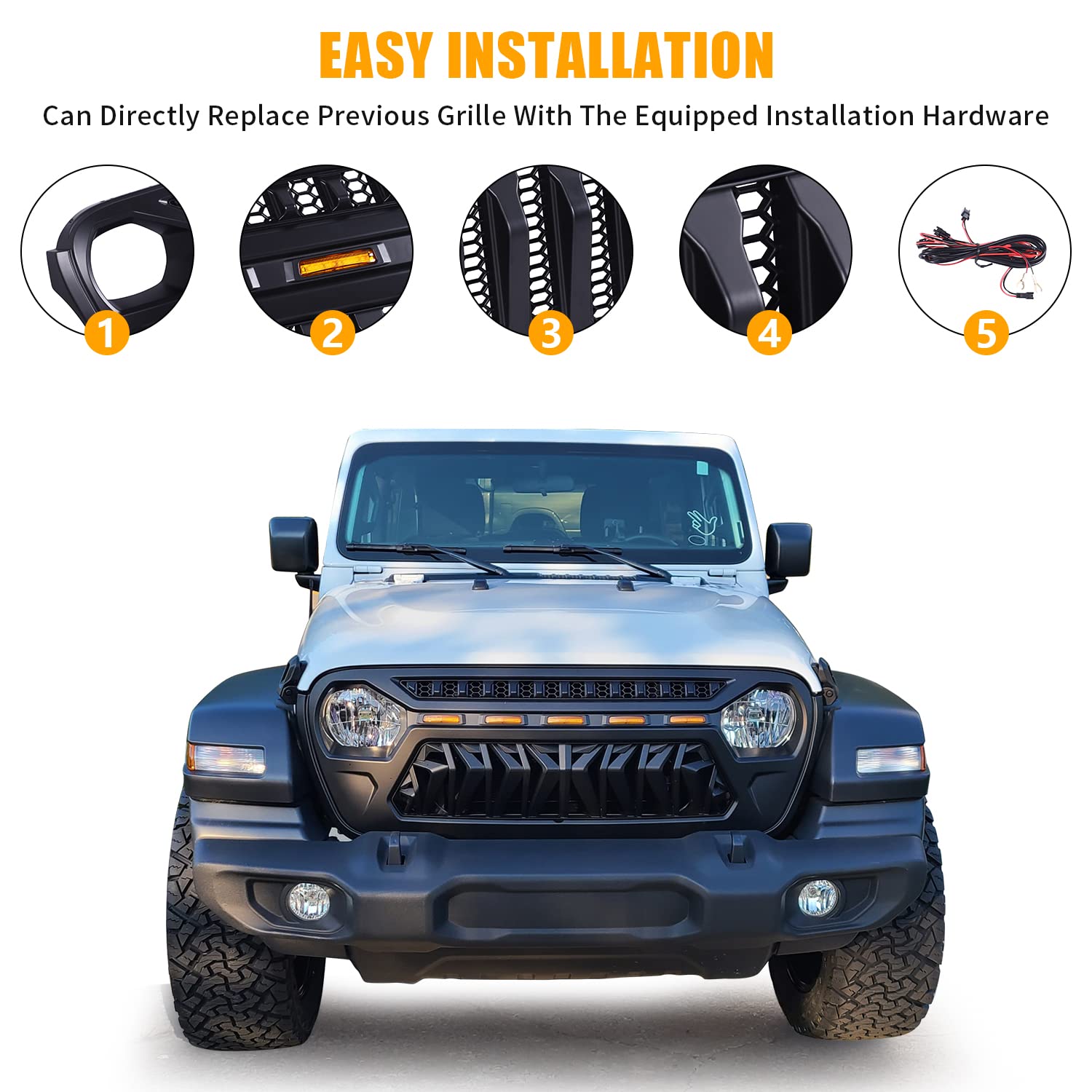 ToxicStorm Mesh Grille Front Grill Cover Matte Black with Amber LED Running Lights for 2018 and Up Jeep Wrangler JL JLU JT Gladi