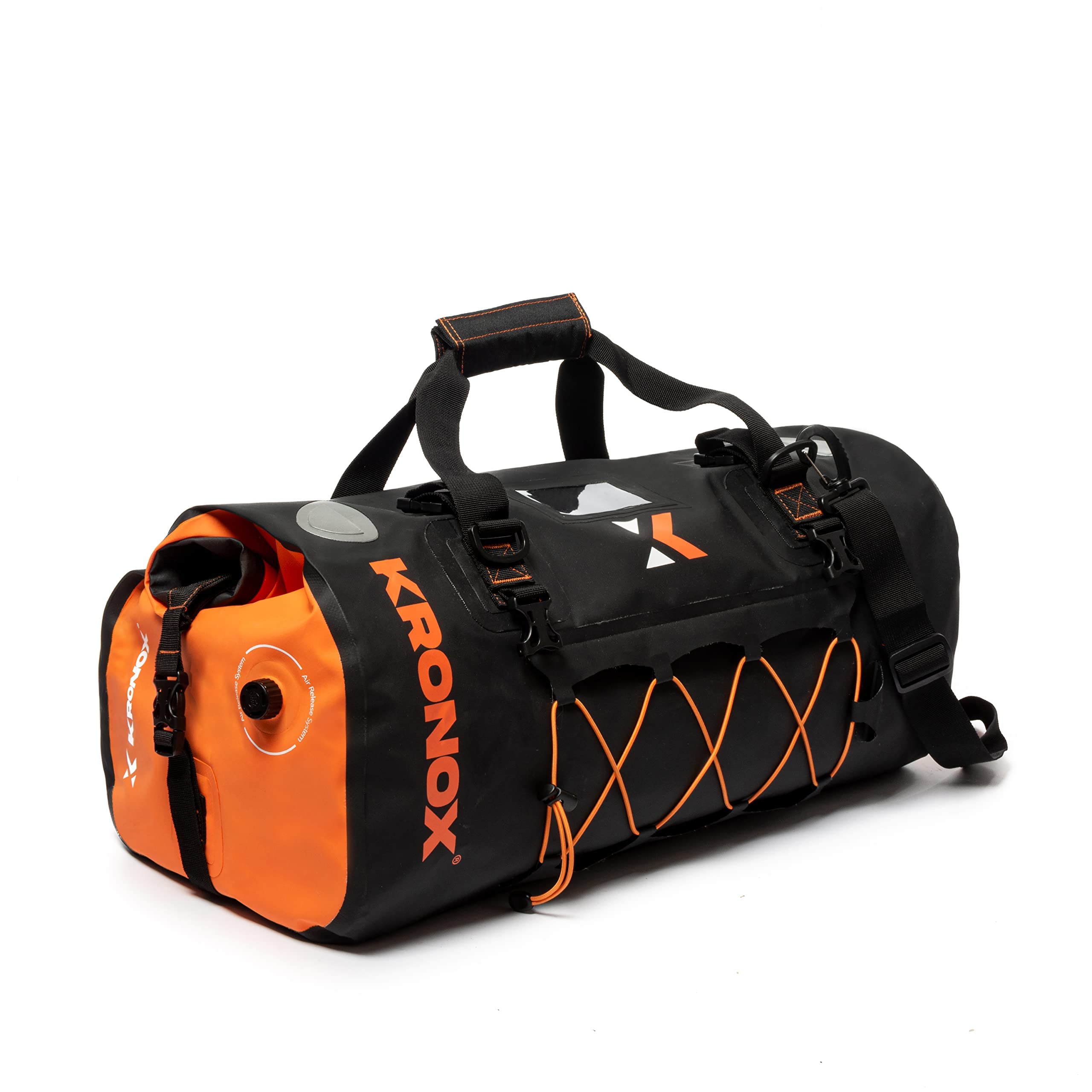 Kronox Waterproof Duffle Bag For Motorcycle Back Seat - Black & Orange, Vinyl, Hook And Loop Closure, 40-60 Liters Capacity, Ultimate Gear For Riders