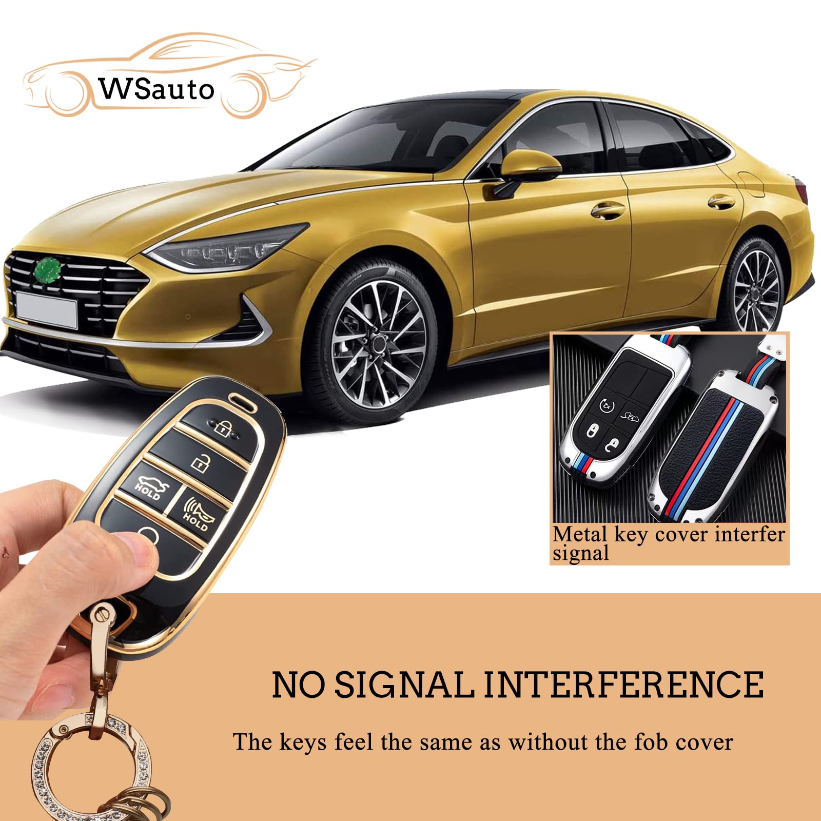 Wsauto For Hyundai Key Fob Cover Soft Tpu Protection Car Key Case Shell With Fashion Gold Bling Keychain Compatible With 2020-20