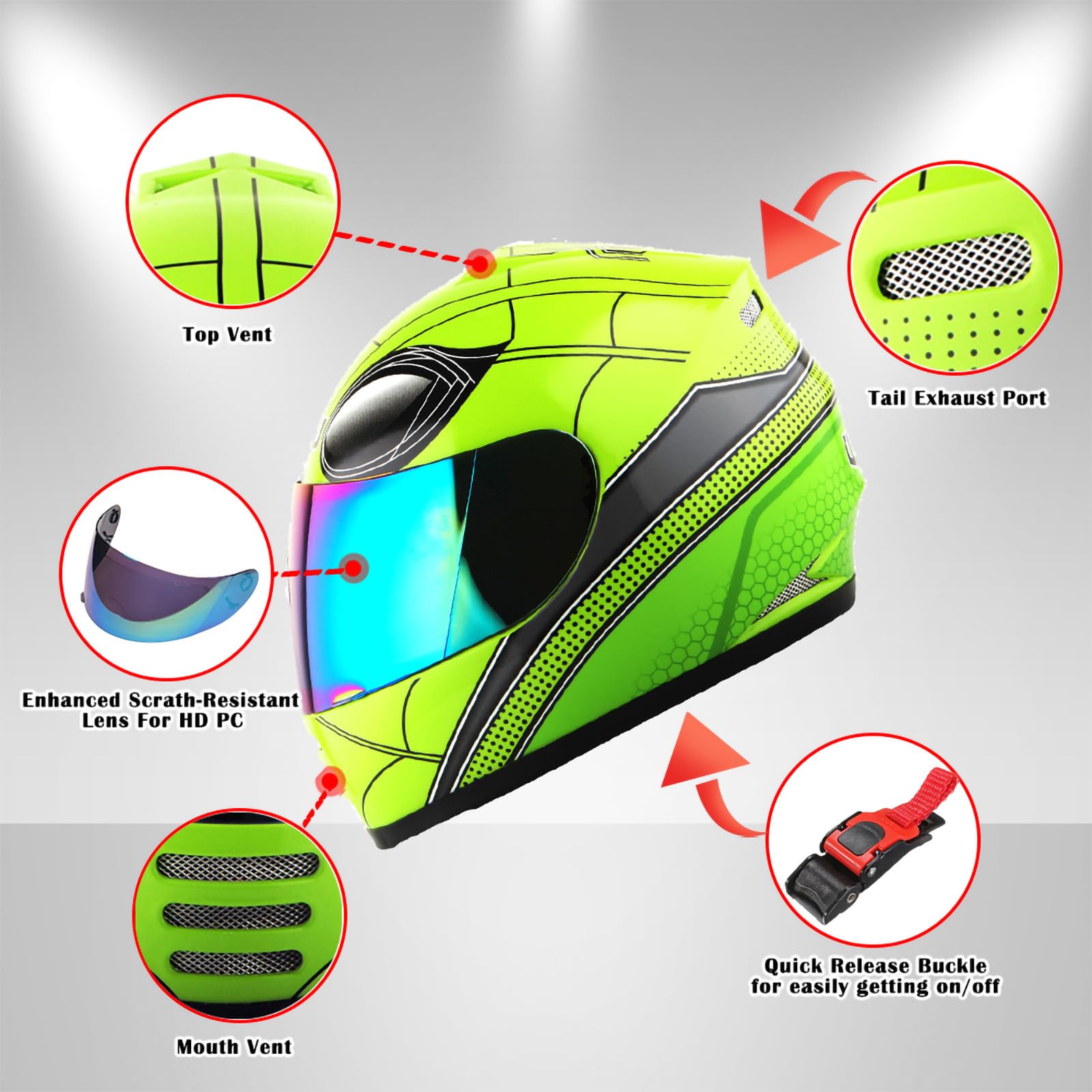 Wow Youth Motorcycle Full Face Helmet Street Bike Bmx Mx Kids Spider Green + Mx Skeleton Glove Bundle