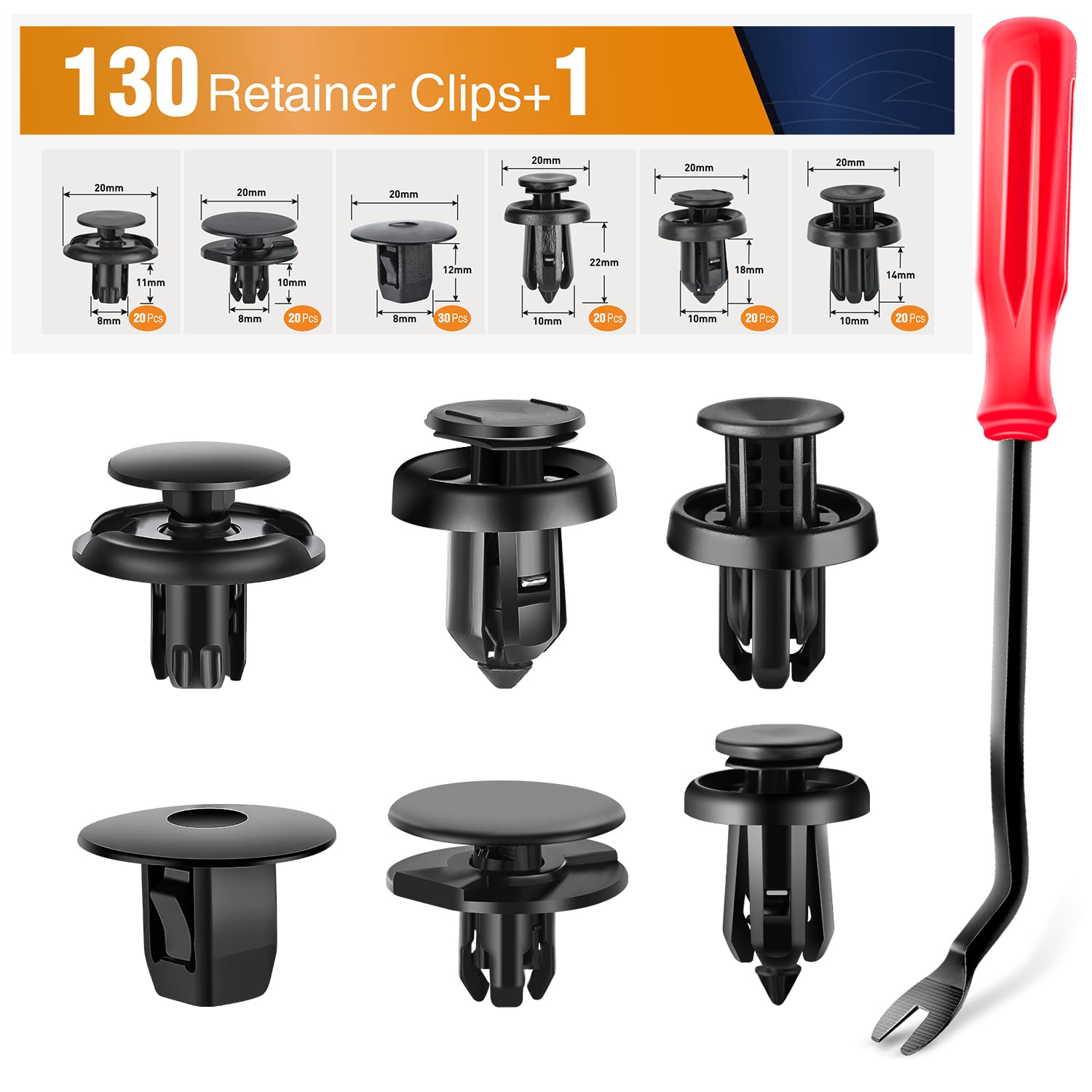 Gooacc 130Pcs Car Bumper Retainer Clips & Nylon Fasteners Push Retainer Kit 6 Most Popular Sizes With 1 Fastener Remover Car Fen