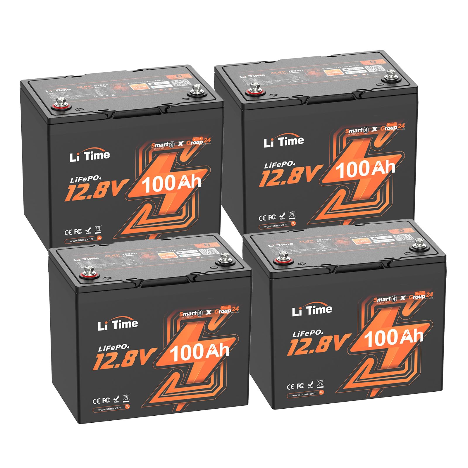 LiTime 12V 100Ah Trolling Motors Lithium Battery, Group 24 Bluetooth LiFePO4 Battery, Up to 15000 Deep Cycles, Low-Temp Protecti