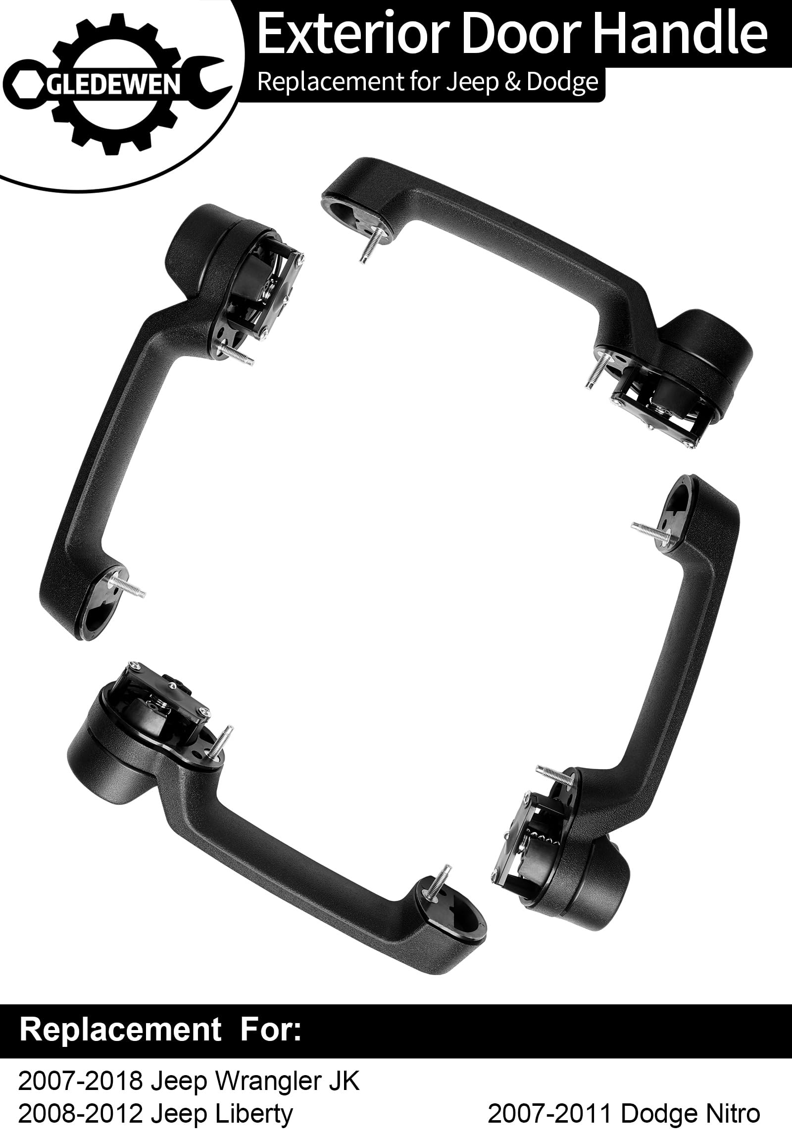 Exterior Door Handle (4PCS), Compatible with 2007-2018 Jeep Wrangler JK, Jeep Liberty, Dodge Nitro, Front or Rear Left Driver or