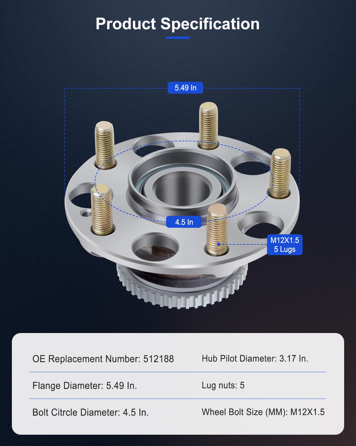 ECCPP Rear 5 Lugs Wheel Bearing and Hub Assembly for 2004-2008 Acura TL 2003-2007 Honda Accord Wheel Hub Bearings W/ABS 512188