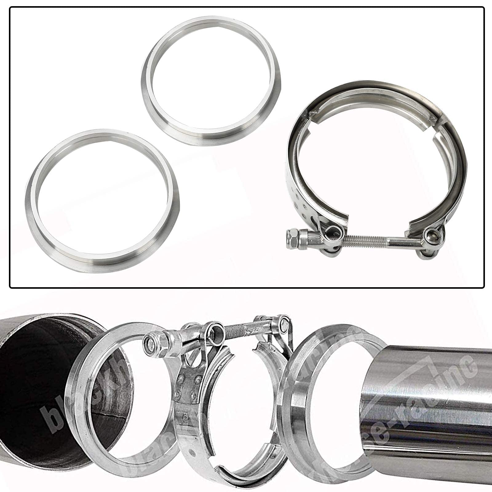 Blackhorse-Racing 3.5 Inch Stainless Steel V Band Bolt Clamp With 2 Male Female Flanges For Turbo Exhaust Systems 89Mm Ss V-Band Flange Kit