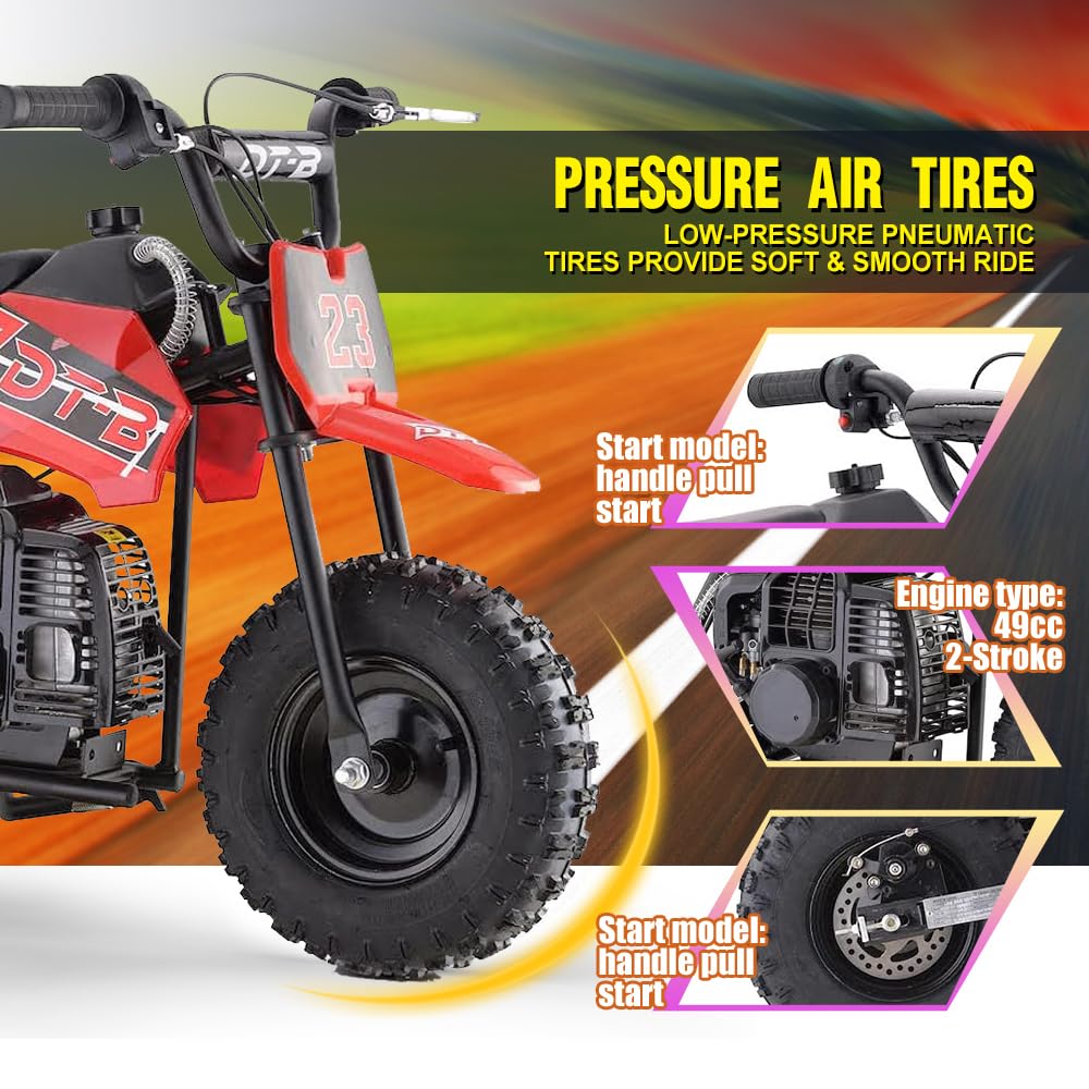 HOVER HEART Mini Kid Dirt Bike, 49 CC 2-Stroke Gas Bike with Off-Rode Tire, Suspensions, Disc Brakes, Max Load 160Lbs, Up to 20M