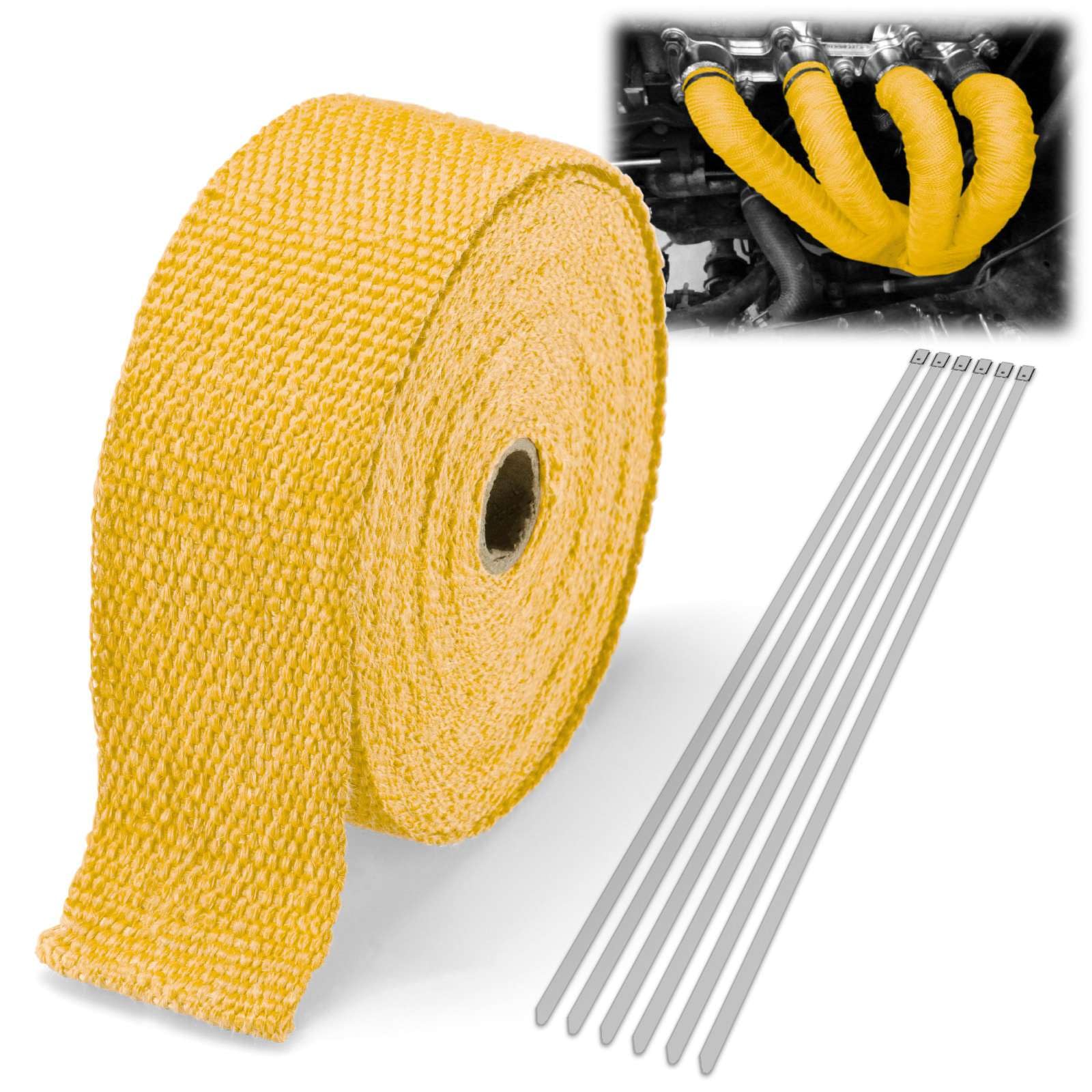 Yellow Exhaust Pipe Insulation Thermal Heat Wrap 2' X 50' Motorcycle Header Protection Fiberglass Heat Shield 6X Stainless Ties