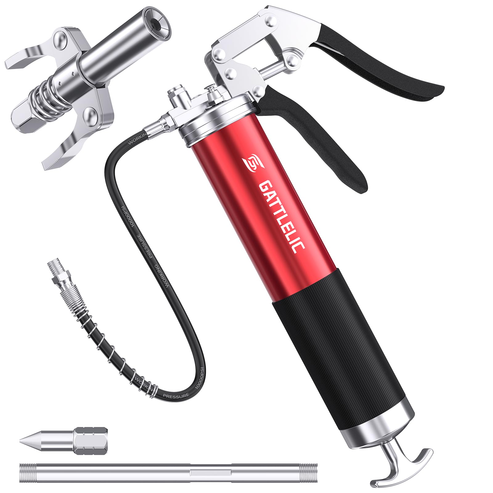 GATTLELIC 8000 PSI Heavy Duty Grease Gun Kit - 14oz with Flex Hose, Sharp Nozzle, Extension Pipe & Coupler, Red