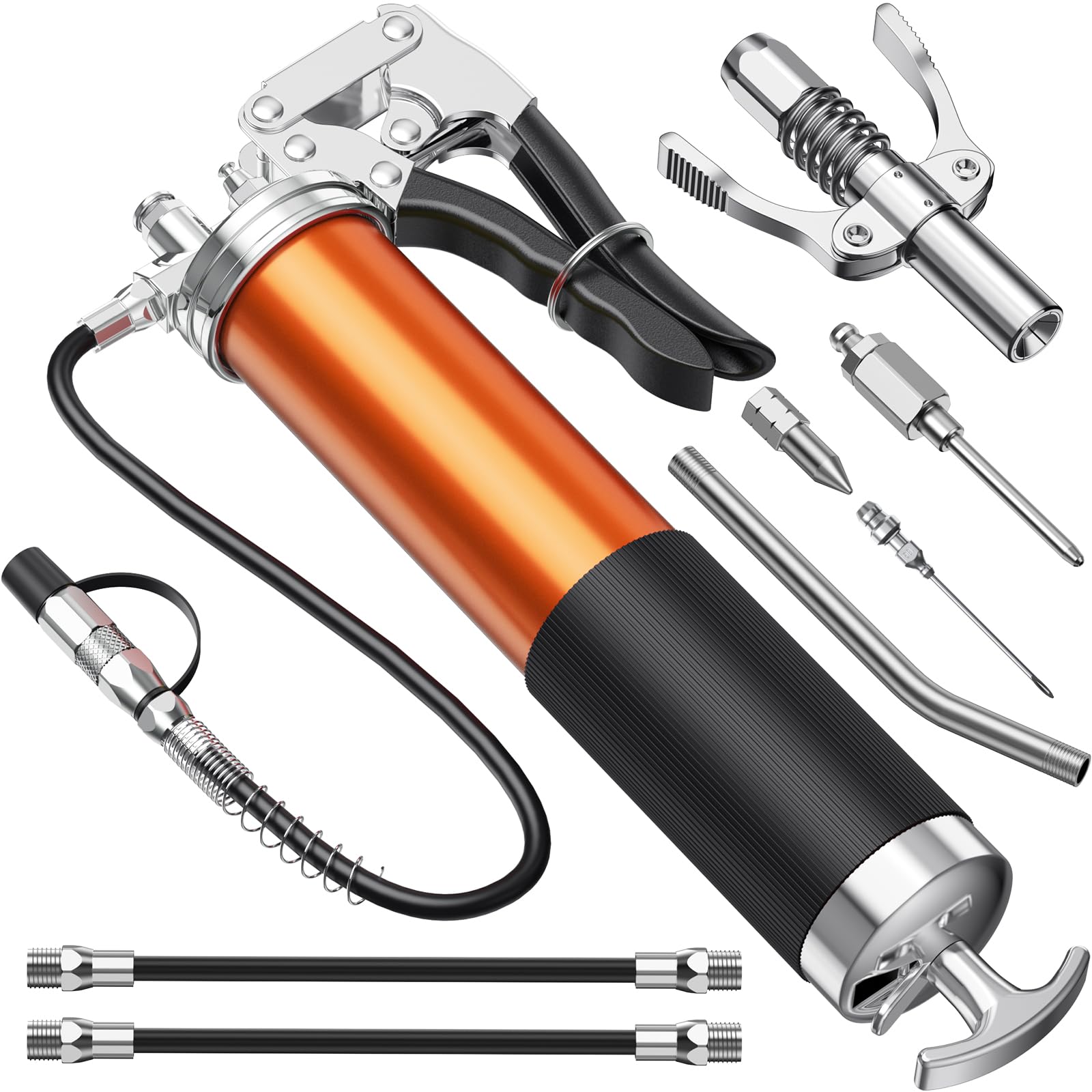 Fantictas Grease Gun Kit, 8000 Psi Leak-Proof Pistol Grip Grease Gun With Lock Coupler, 18'' Spring Flex Hose, 14Oz Load, Grease