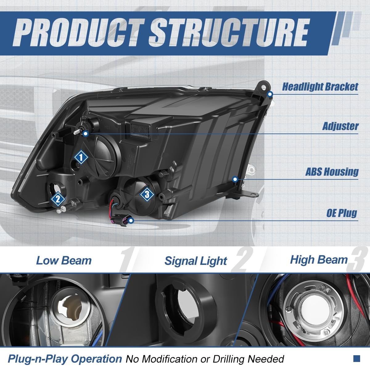 Auto Dynasty Quad Headlights Assembly Compatible With 2009-2010 Dodge Ram 1500-3500 New Body, 2011-2018 Ram 1500-5500, Halogen H