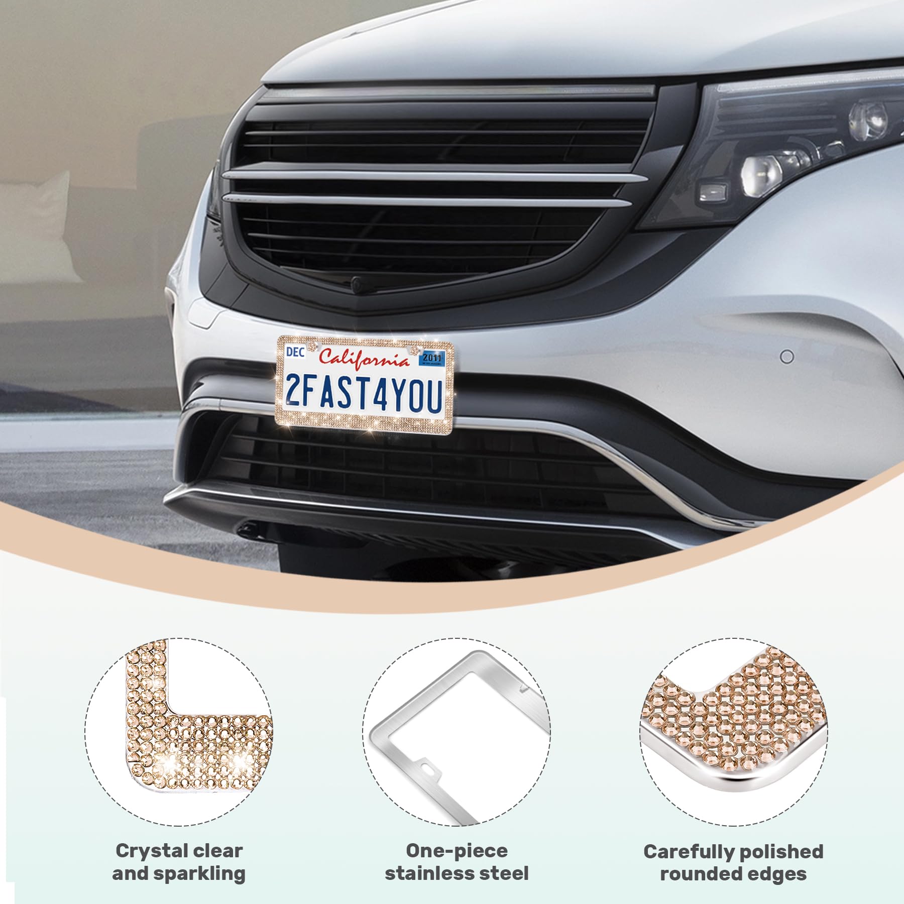 Quanqiufei 2 Pack Bling License Plate Frames, Sparkly Rhinestone Diamond Car License Plate Cover For Women, Stainless Steel Car