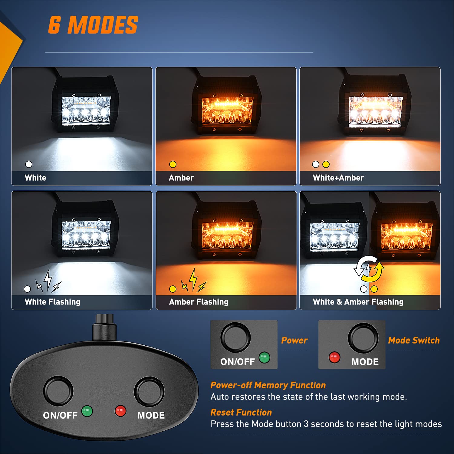 Nilight 2Pcs 4Inch 60W Led Pods Spot Flood Amber White Light Bar Strobe 6 Modes Memory Function Off-Road Truck Car Atv Suv Cabin