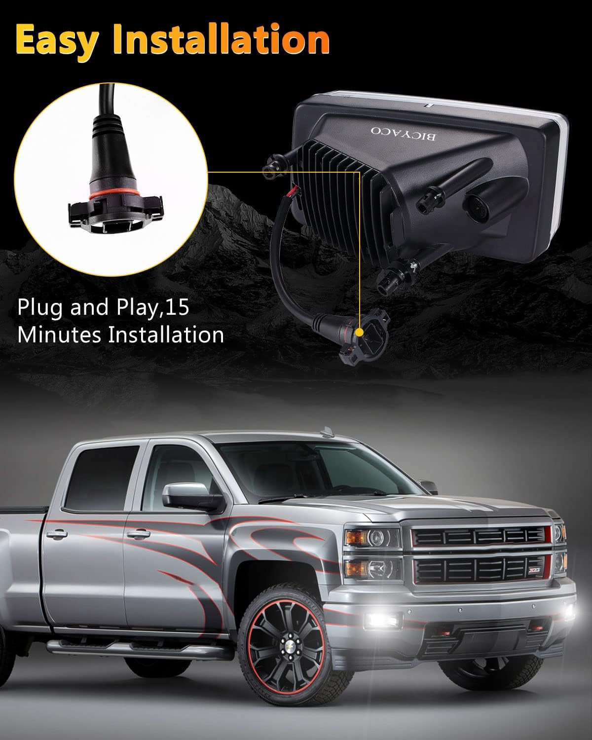 BICYACO Led Fog Lights 5202 w/Bulbs Compatible with Silverado 1500 2500 3500 2008-2014/ Avalanche 2007-2011 / Suburban 2007-2014/ Tahoe 2007-2014/ GMC 07-15 Sierra/Yukon w/Off-Road Package - 1 Pair