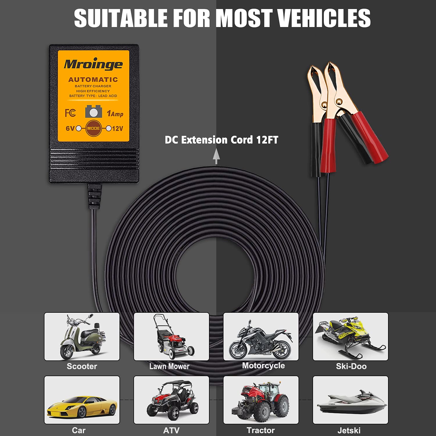 Mroinge Mbc016, 6V / 12V 1A Fully Automatic Trickle Battery Charger/Maintainer For Automotive Vehicle Motorcycle Lawn Mower Atv