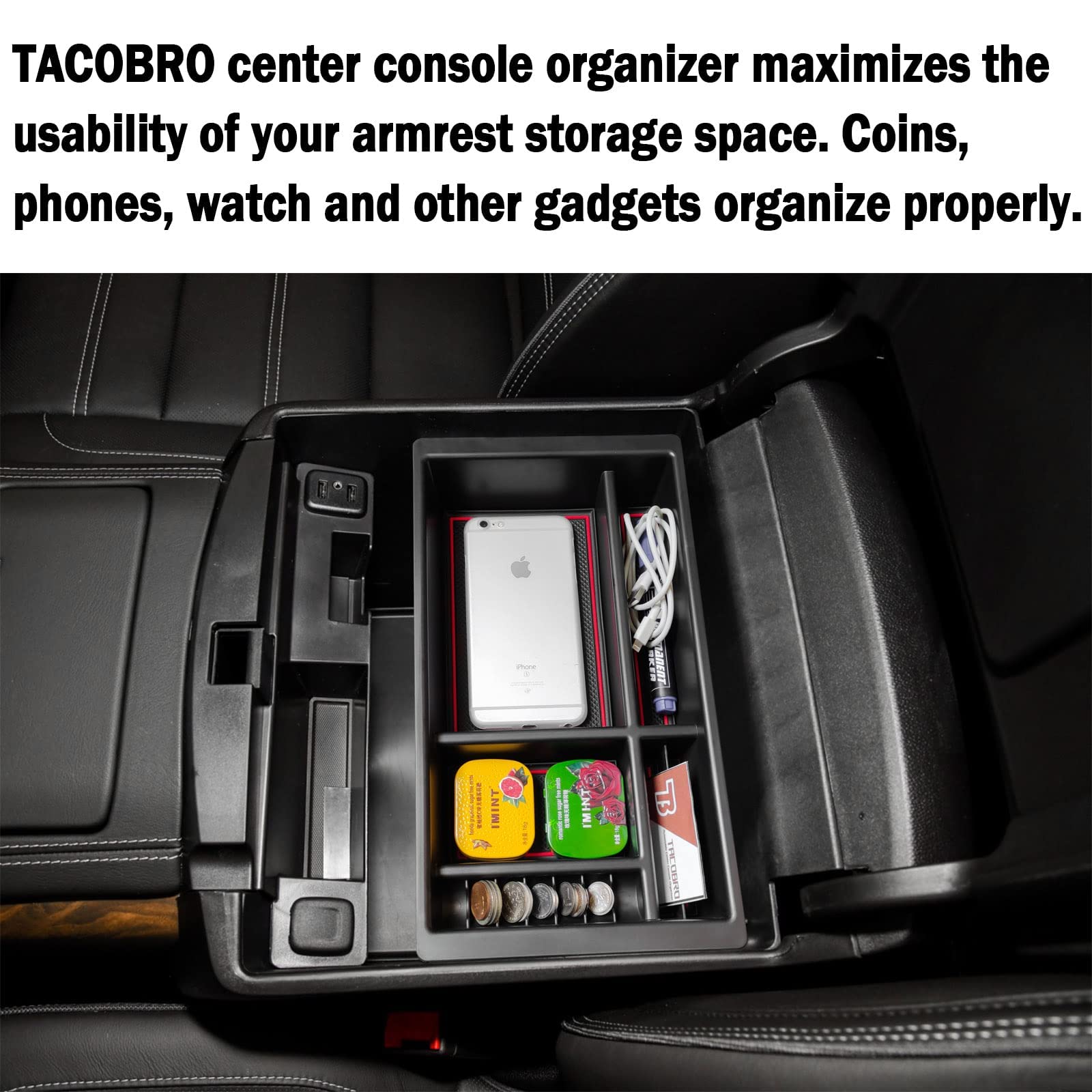 Tacobro Center Console Organizer Compatible With 2014-2018 Gmc Sierra 1500 /Chevy Silverado 1500 Accessories 2015-2020 Yukon Xl/Tahoe Suburban Insert Tray Armrest Storage Abs Plastic, Red