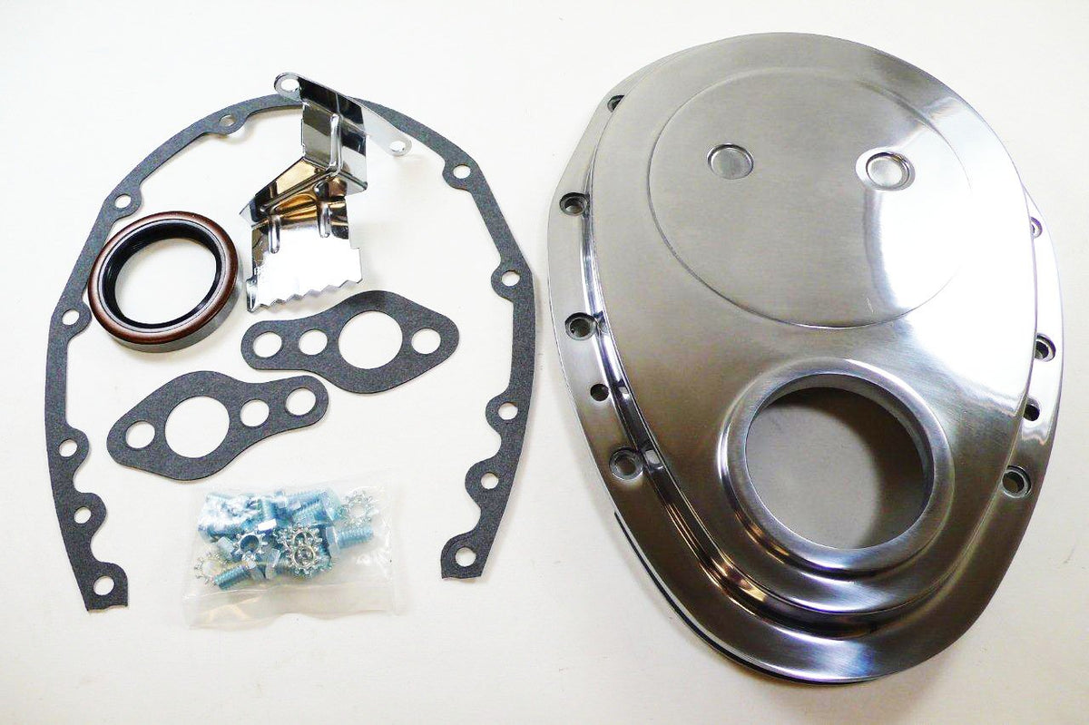 Compatible/Replacement For Chevy Small Block 283-305-327-350-400 Aluminum Timing Chain Cover Set - Polished