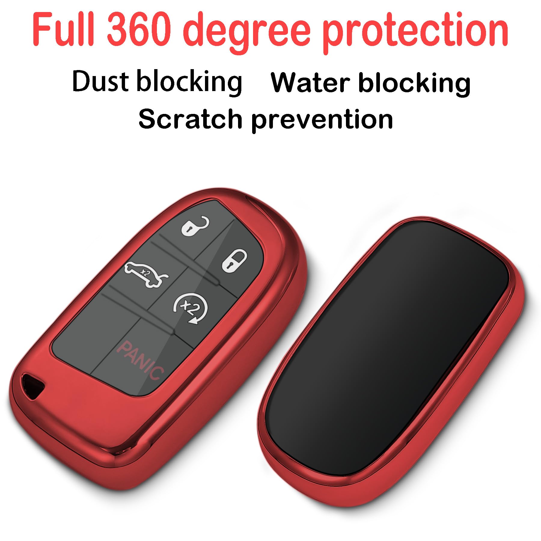 Kirsnda For Jeep Key Fob Cover Case,With Keychain Fit Grand Cherokee Renegade Chrysler 200 300 Dodge Durango Challenger Journey Dart Fiat Smart Remote,Soft Tpu Key Case,3-4-5 Buttons(Red)