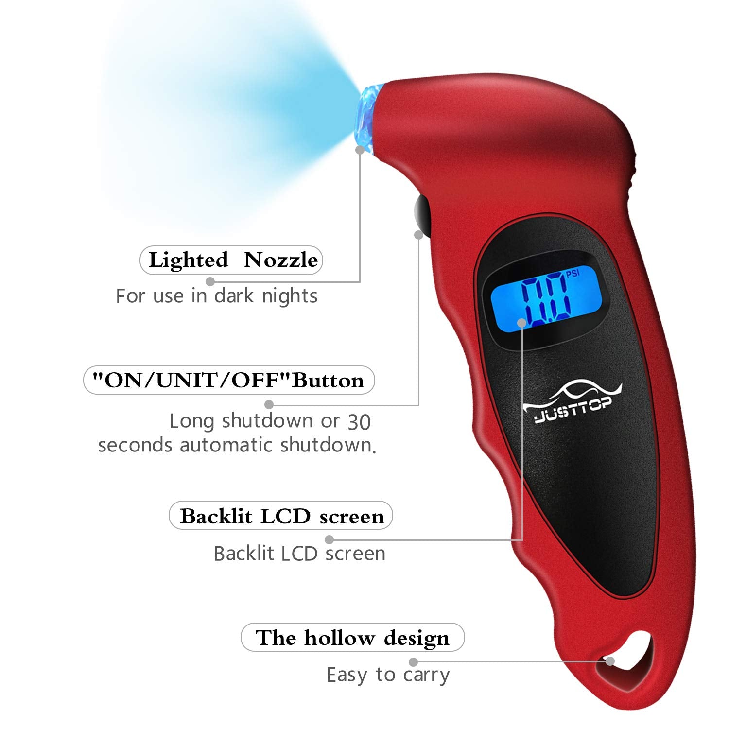 Justtop 2 Pack Digital Tire Pressure Gauge, 150Psi 4 Setting For Cars, Trucks And Bicycles, Backlit Lcd And Anti-Skid Grip For E