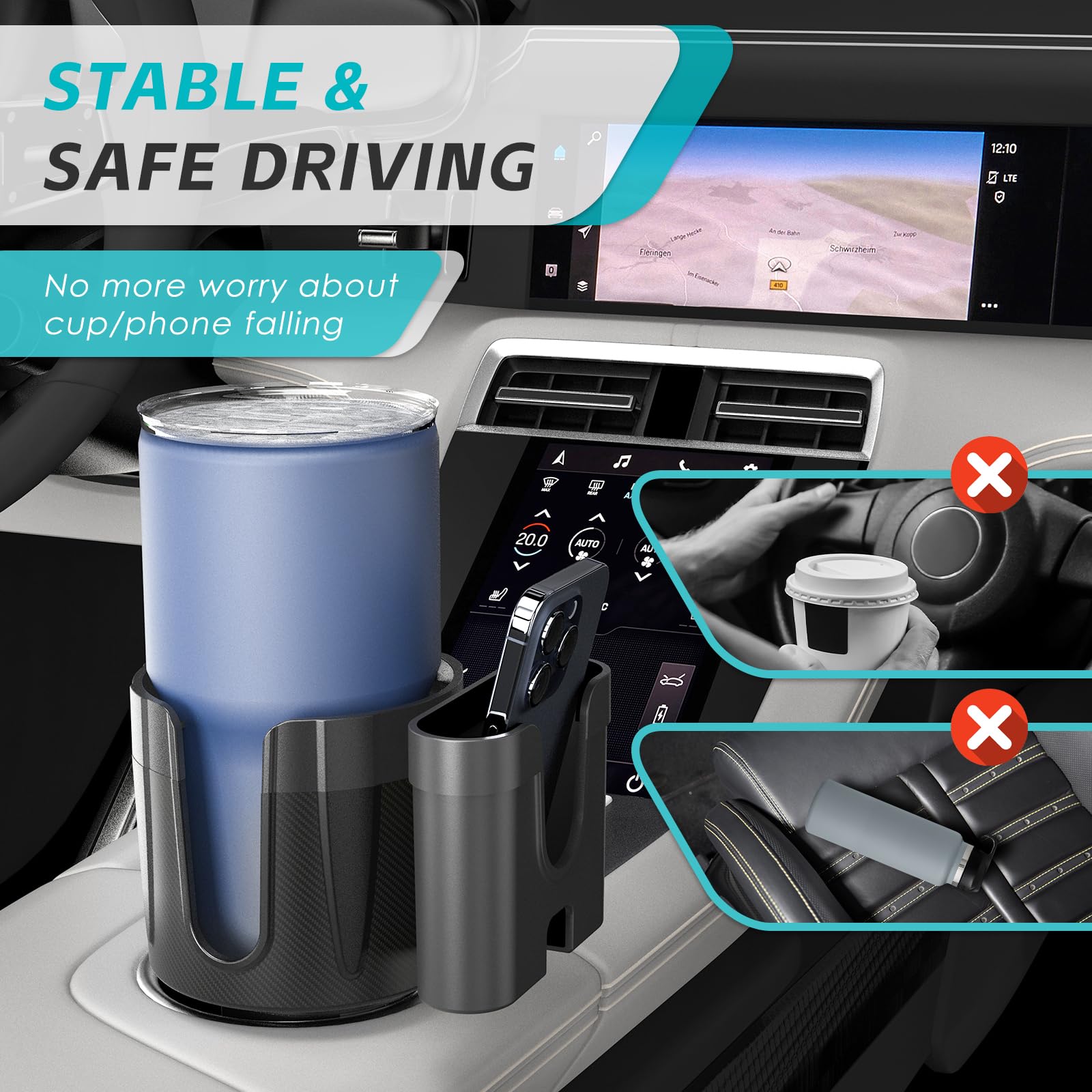 OUSHASAA 2-in-1-Car-Cup-Holder-Expander-Adapter with Phone Holder Adjustable Base Fits Most Cup Holder and Phones, Compatible fo