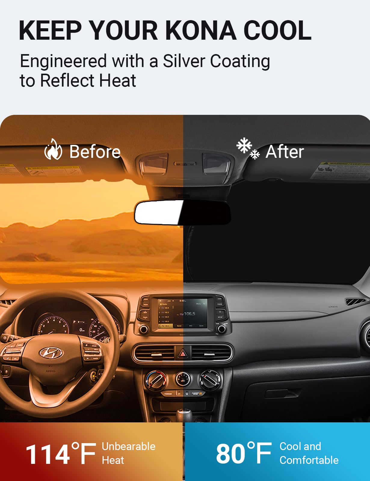 Proadsy 2025 Upgrade Windshield Sun Shade Custom Fit Hyundai Kona 2018-2023 4-Layer Foldable Front Sunshade Protector Sun Visor