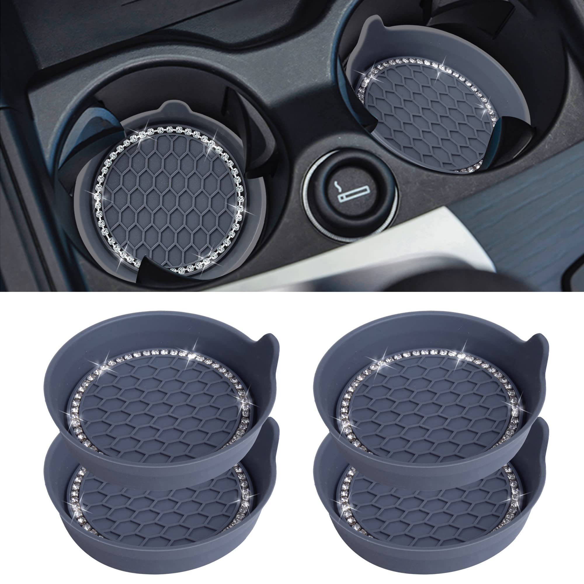 Amooca Car Cup Coaster Universal Non-Slip Cup Holders Bling Crystal Rhinestone Car Interior Accessories 4 Pack Grey