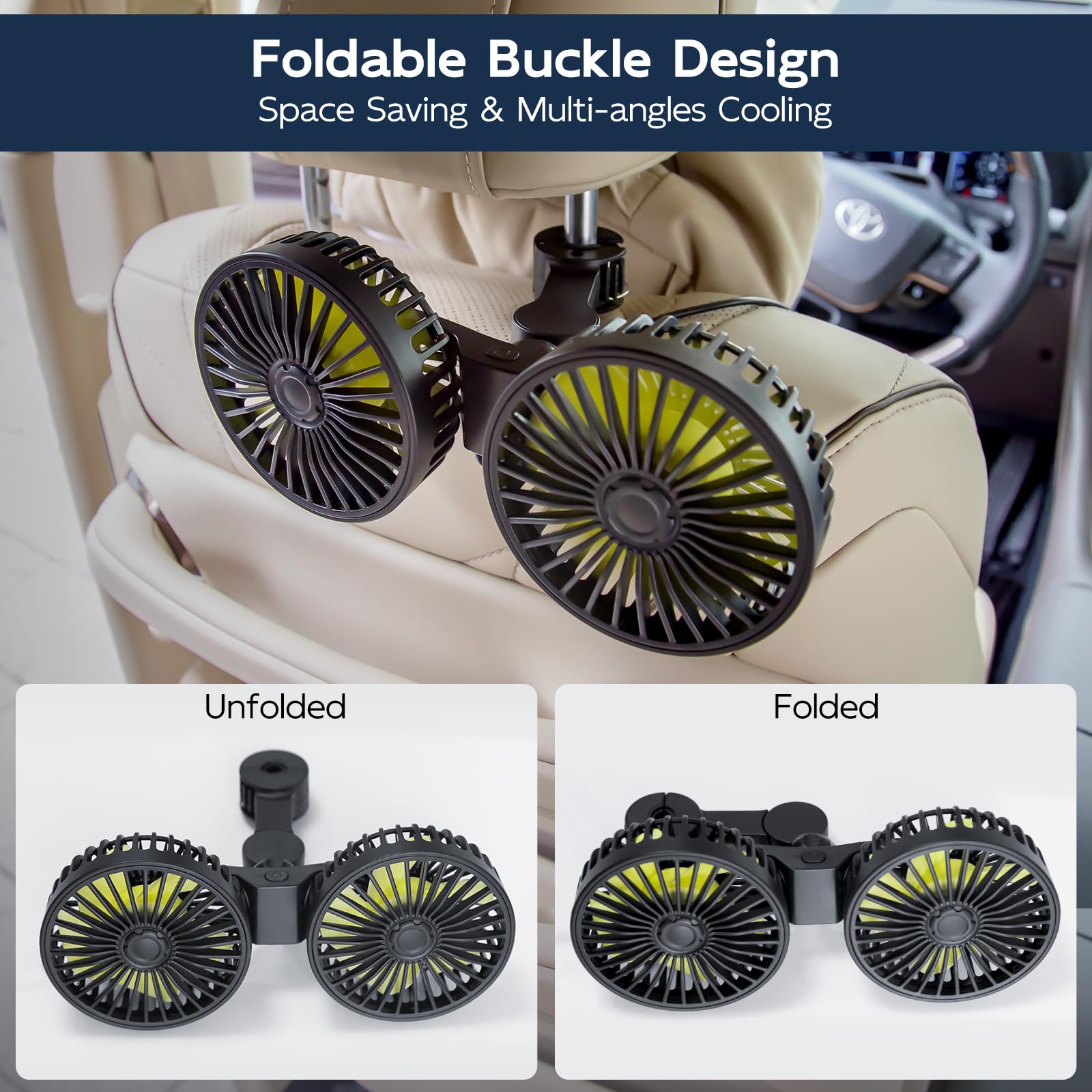 Xool Car Fans For Backseat - Dual Head Usb Cooling Car Fan For Kids, 360 Rotatable Car Rear Headrest Fan, Air Circulation Fan Wi