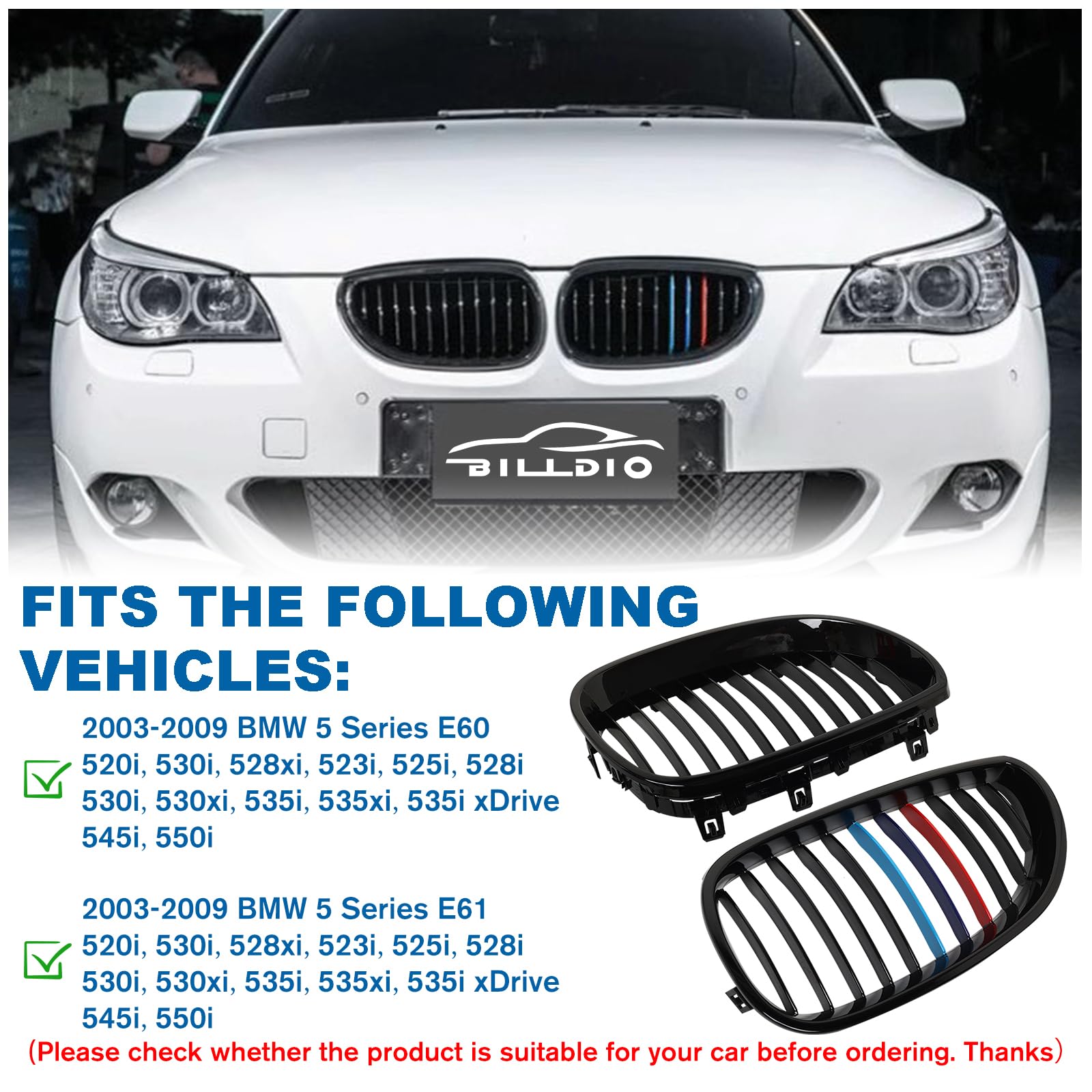 Billdio E60 Grille,Front Kidney Grill M Color Grille Compatible With 2003-2009 Bmw 5 Series E60 E61 520I,523I,525I,528I,530I,535