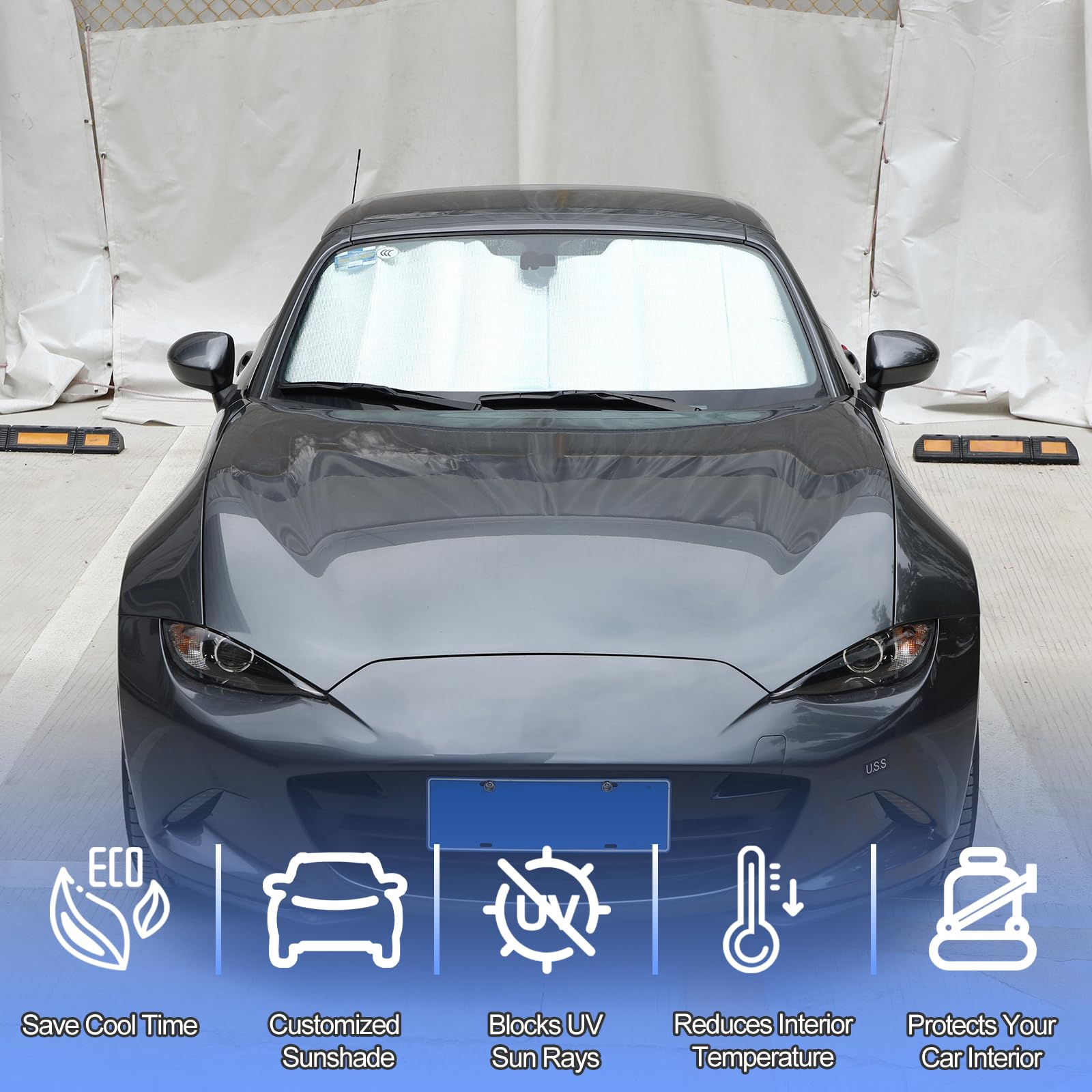 Windshield Sunshade For Mazda Mx-5 Miata 2016-2024, Front Window Sun Shade, Foldable Reflective Sun Visor, Screen Shield Cover Uv Blocker Protector Heatshield Keeps Your Vehicle Cool (Silver)