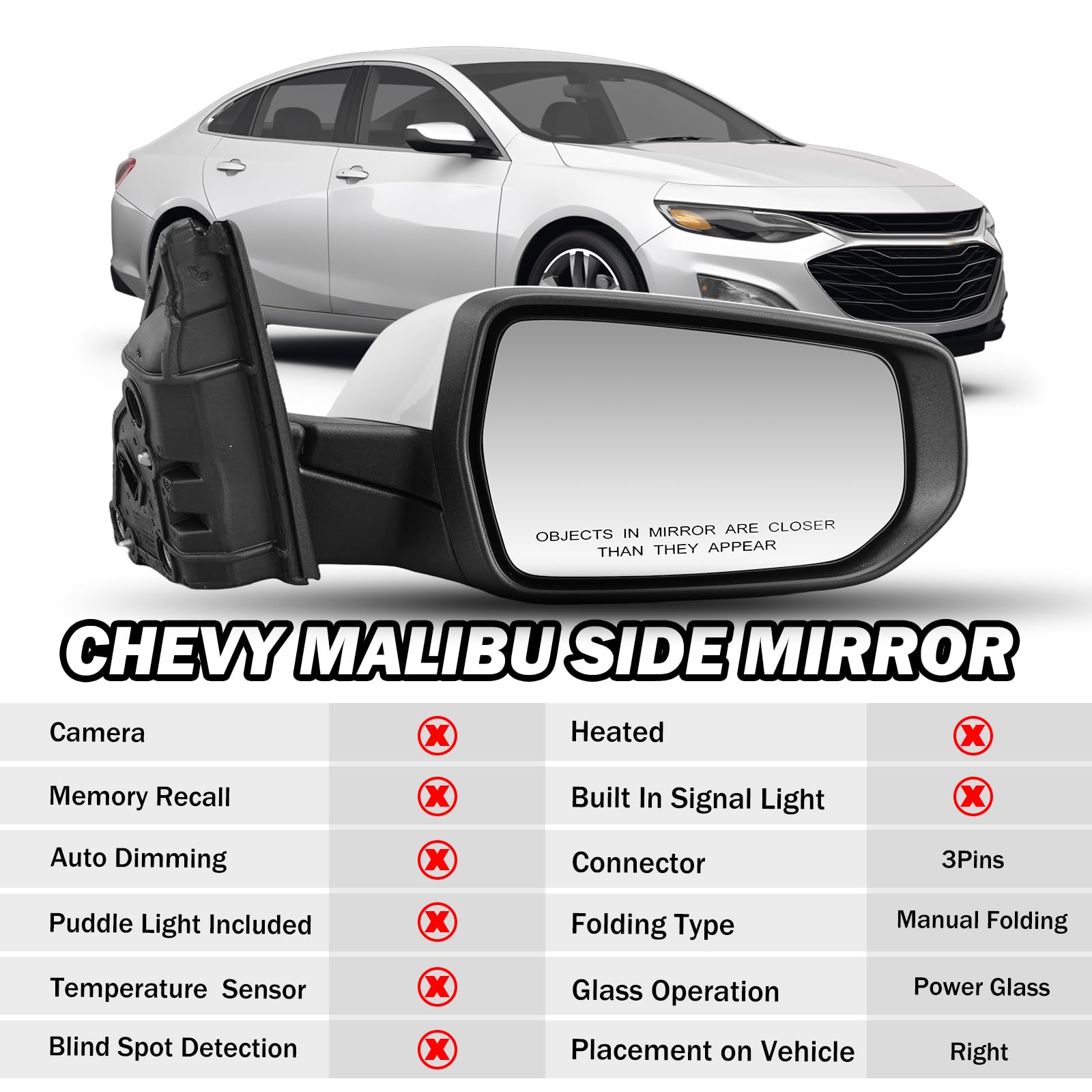 Mofoap Passenger Side View Mirror Compatible With Chevy Malibu 2016 2017 2018 2019 2020 2021 2022 Mirrors Non Heated Without Sig