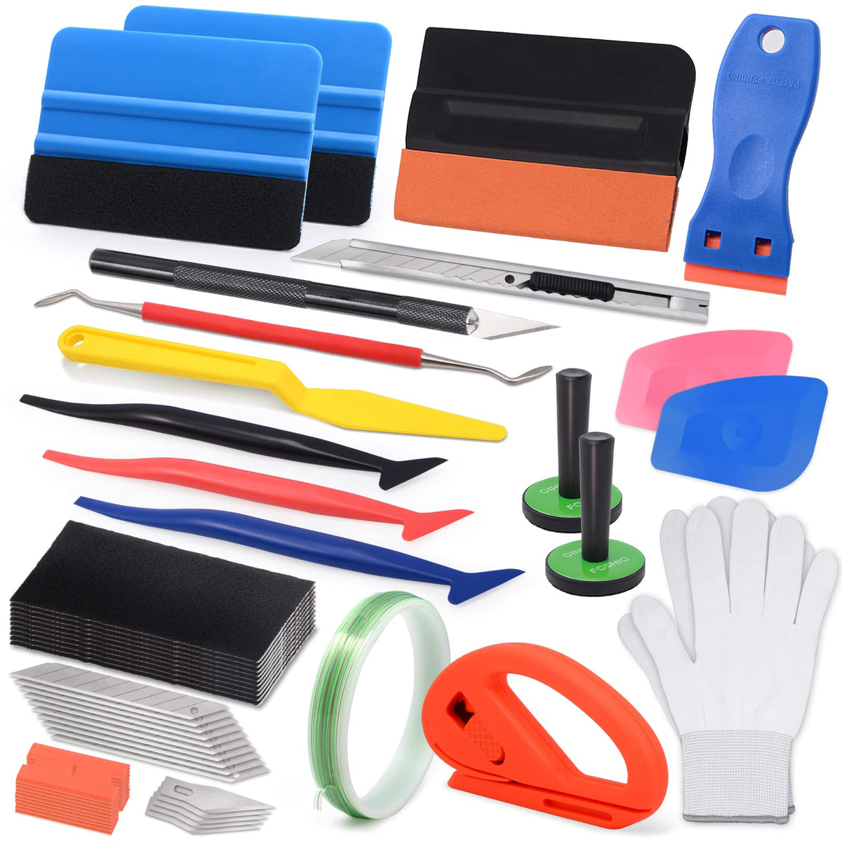 Foshio Window Tint Vinyl Wrap Tool Kit With 5M Knife Tape, Felt Squeegee, Micro Squeegee, Wrap Magnets Holders, Gloves, Safety C