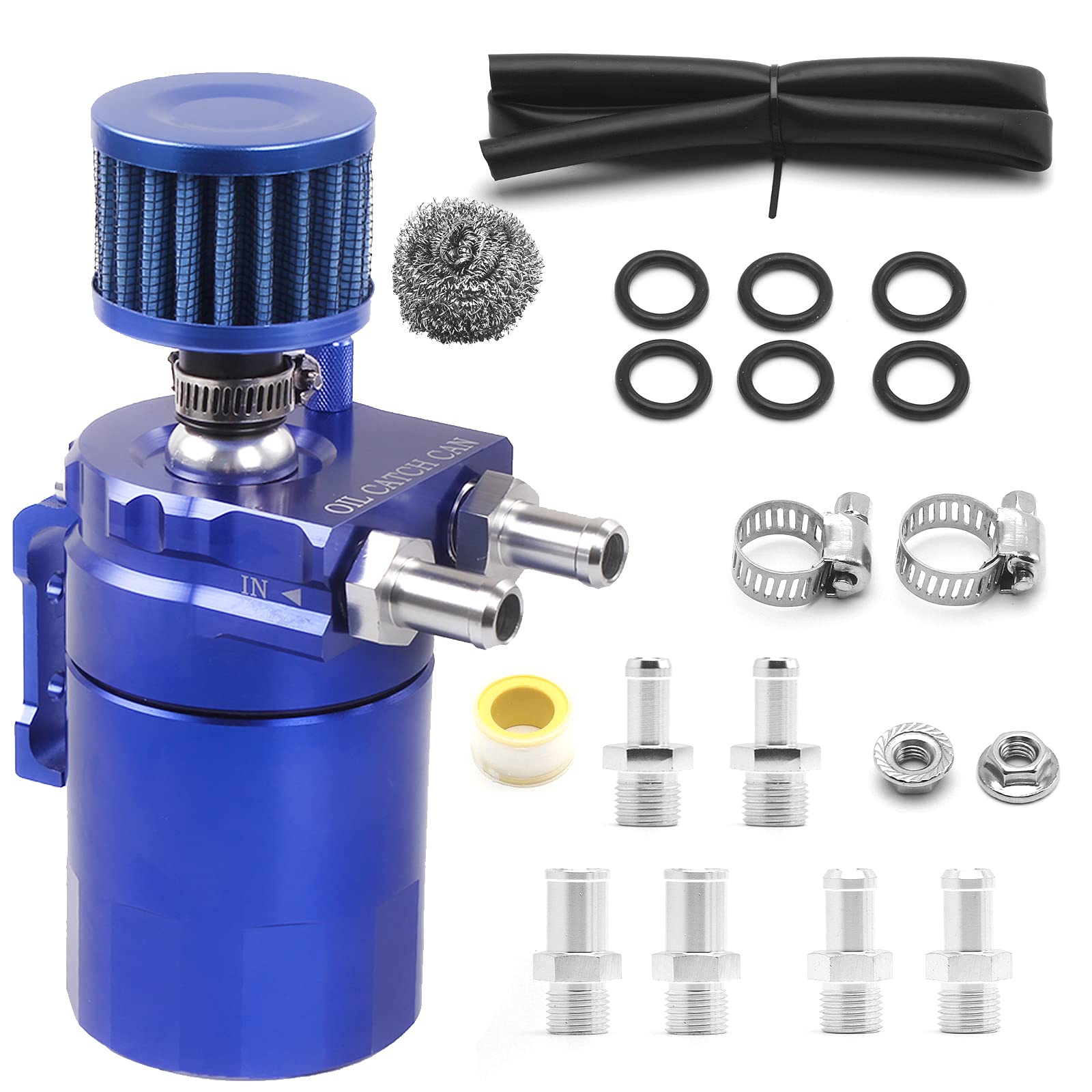 Muge Racing Universal Oil Catch Can Tank Kit Polish Baffled Reservoir With Breather Filter With 3/8'' Fuel Line, Aluminum, Blue,