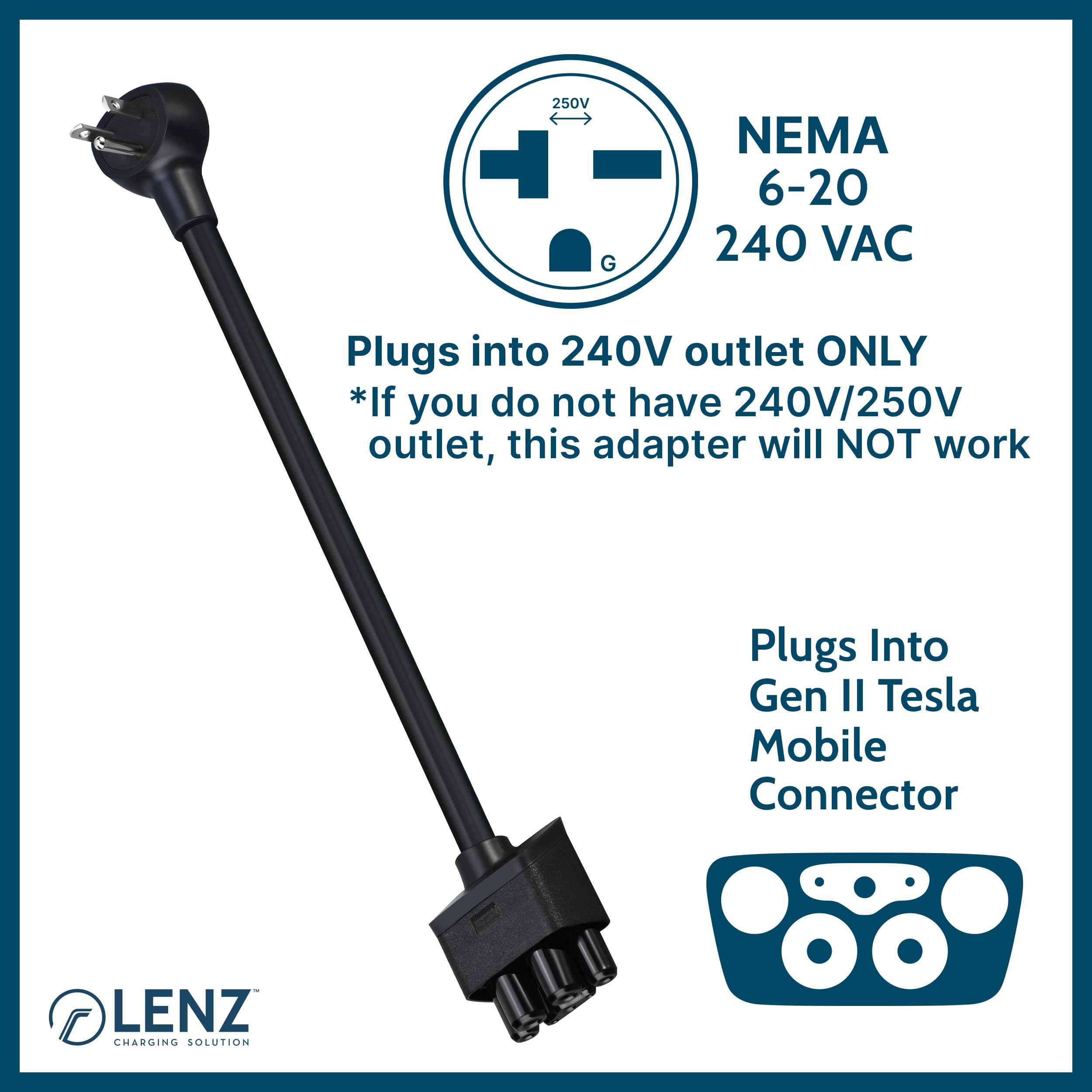 Lenz Nema 06-20 Adapter For Tesla Gen 2 Mobile Charger (Verify Correct Outlet For Plug), Plug Tesla Portable Charger To 240V 6-2