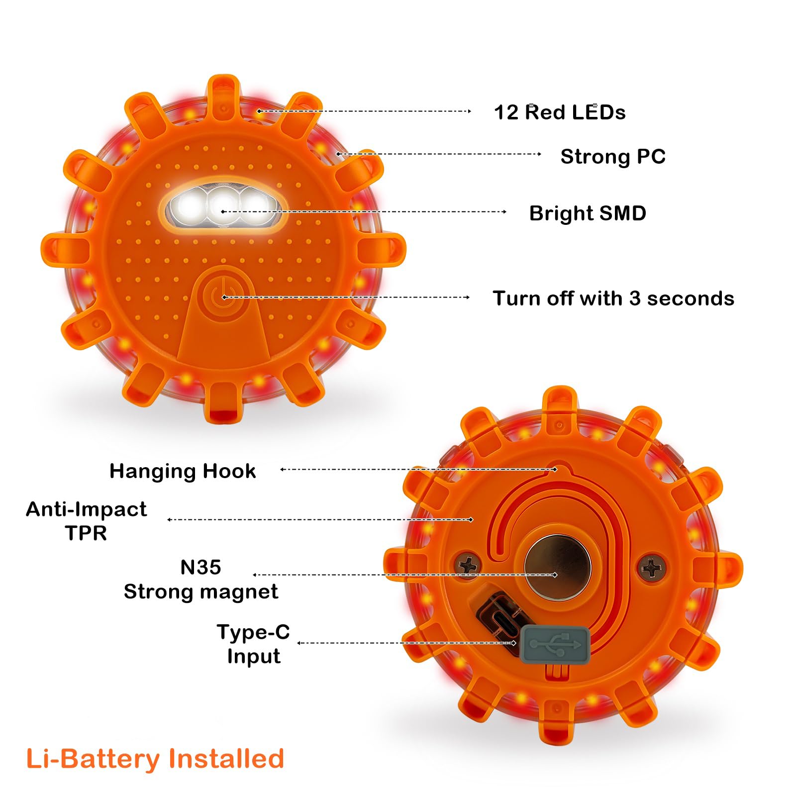 Ecoangel Usb-C Rechargeable Led Road Flares Emergency Lights-Large Capacity (Lithium Battery) 3 In 1 Cable Roadside Warning Car
