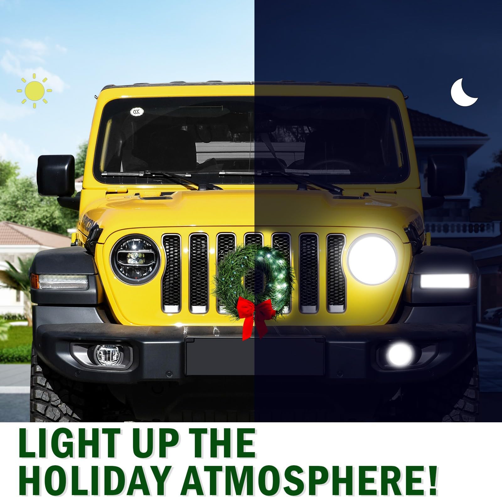 Moveland Led Car Wreath With Red Bow - 11'' Artificial Wreath For Car Grill -12V Plug-In Wreath Lighting - Christmas Car Decorat