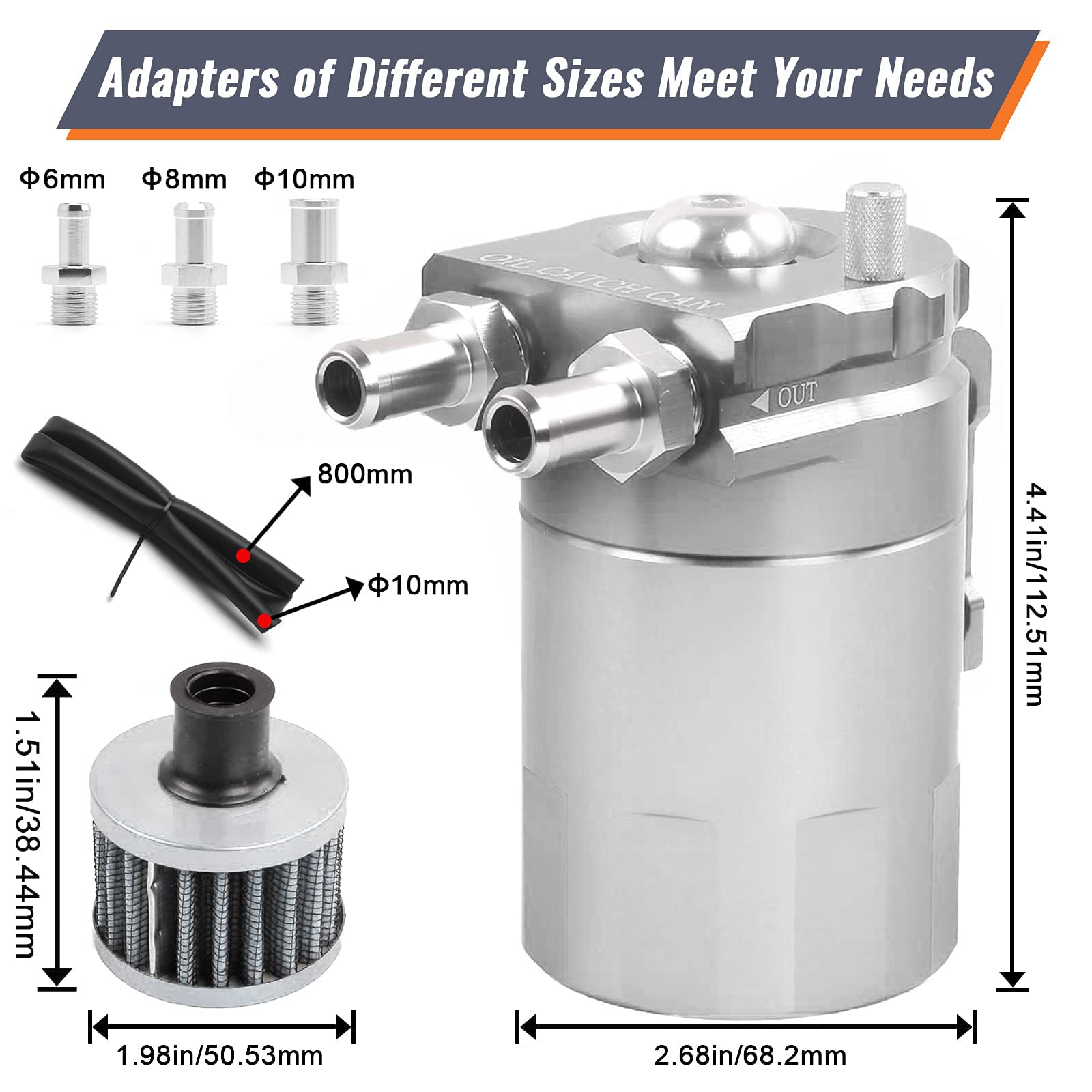 Muge Racing Universal Oil Catch Can Tank Kit Polish Baffled Reservoir With Breather Filter With 3/8'' Fuel Line, Aluminum, Silve