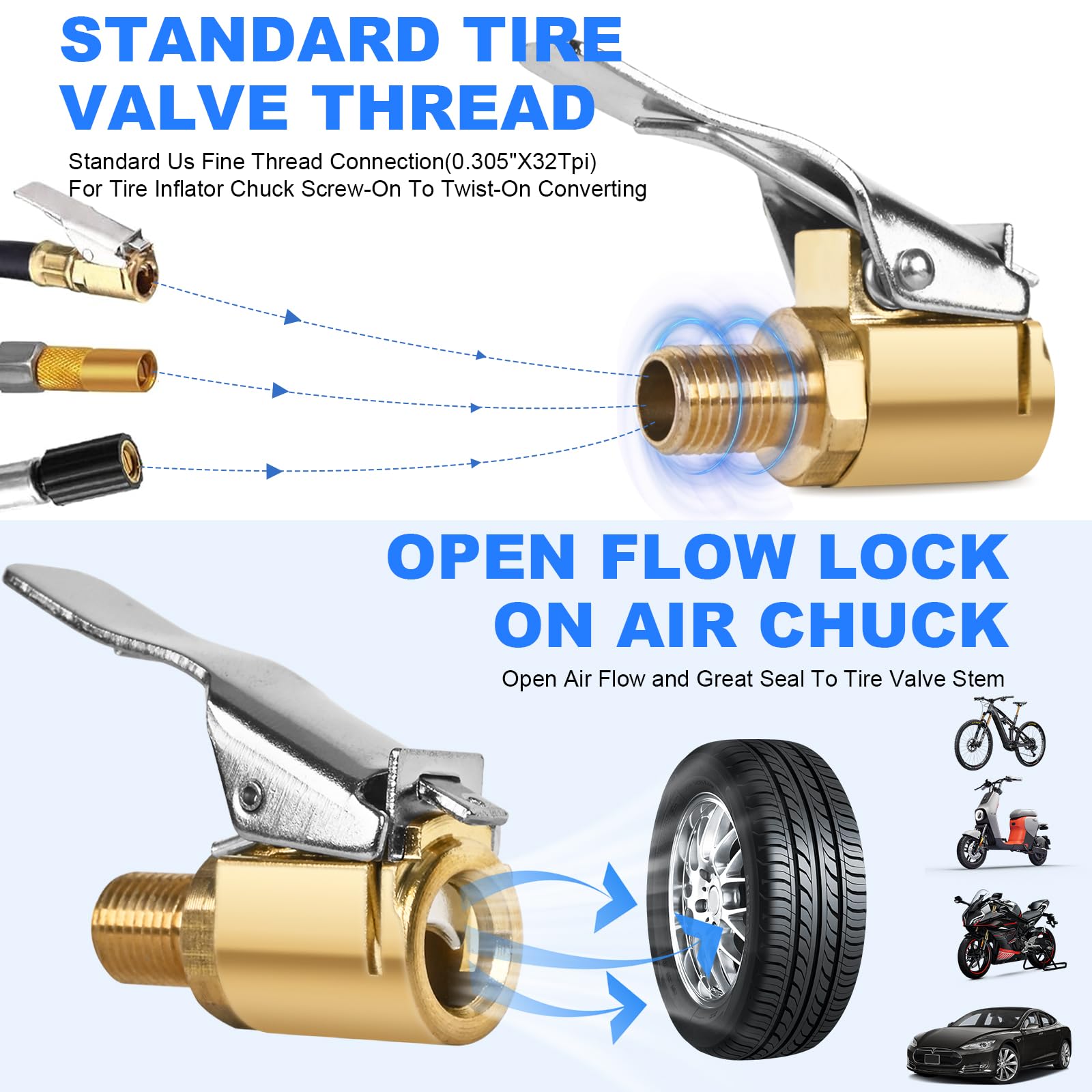 2pcs Locking Tire Air Chuck,Brass Tire Inflation Hose Adapter,Tire Nozzle With Tire Valve Threads,Unscrewed Connection Converted