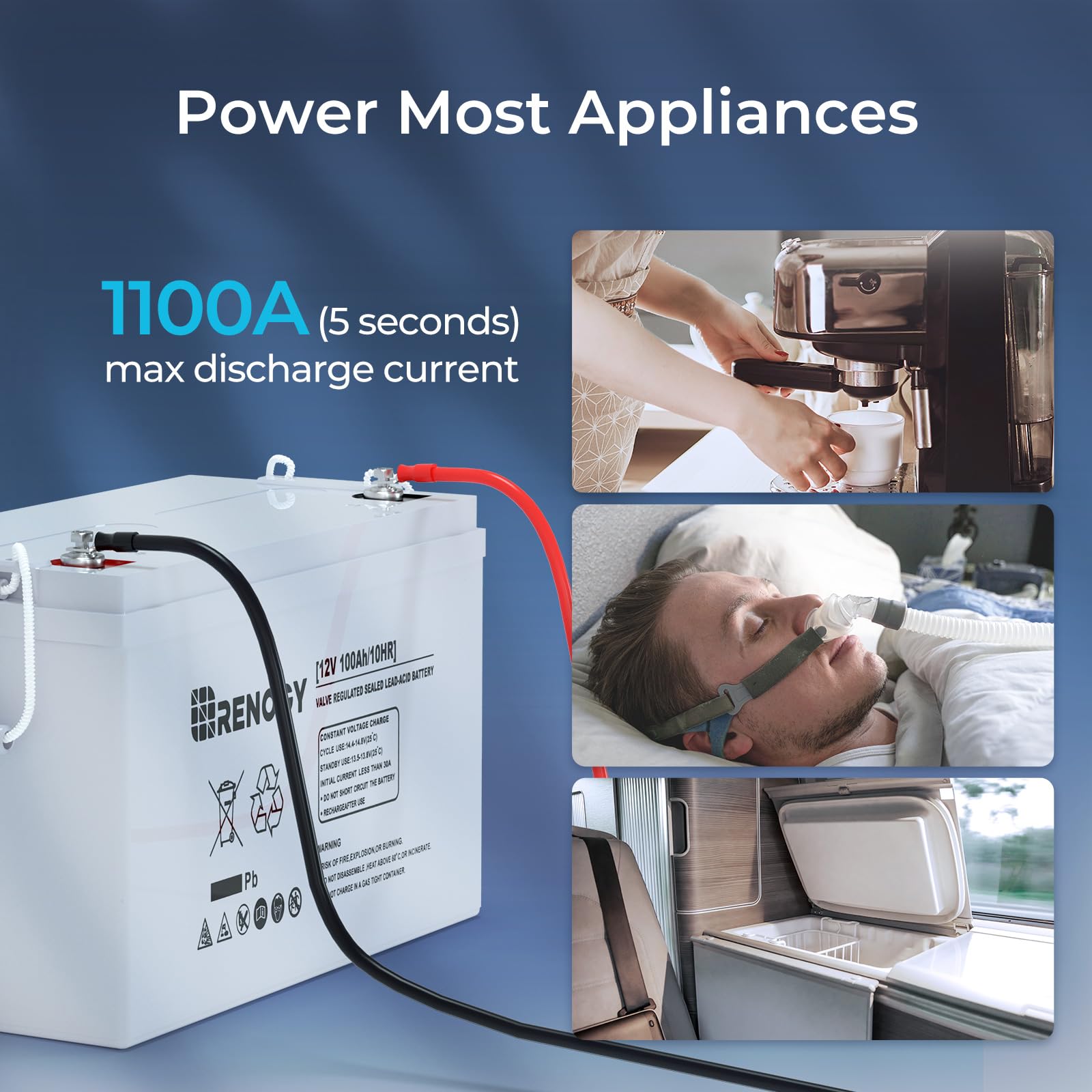 Renogy Deep Cycle Agm 12 Volt 100Ah Battery, 3% Self-Discharge Rate, 1100A Max Discharge Current, Safe Charge Appliances For Rv,