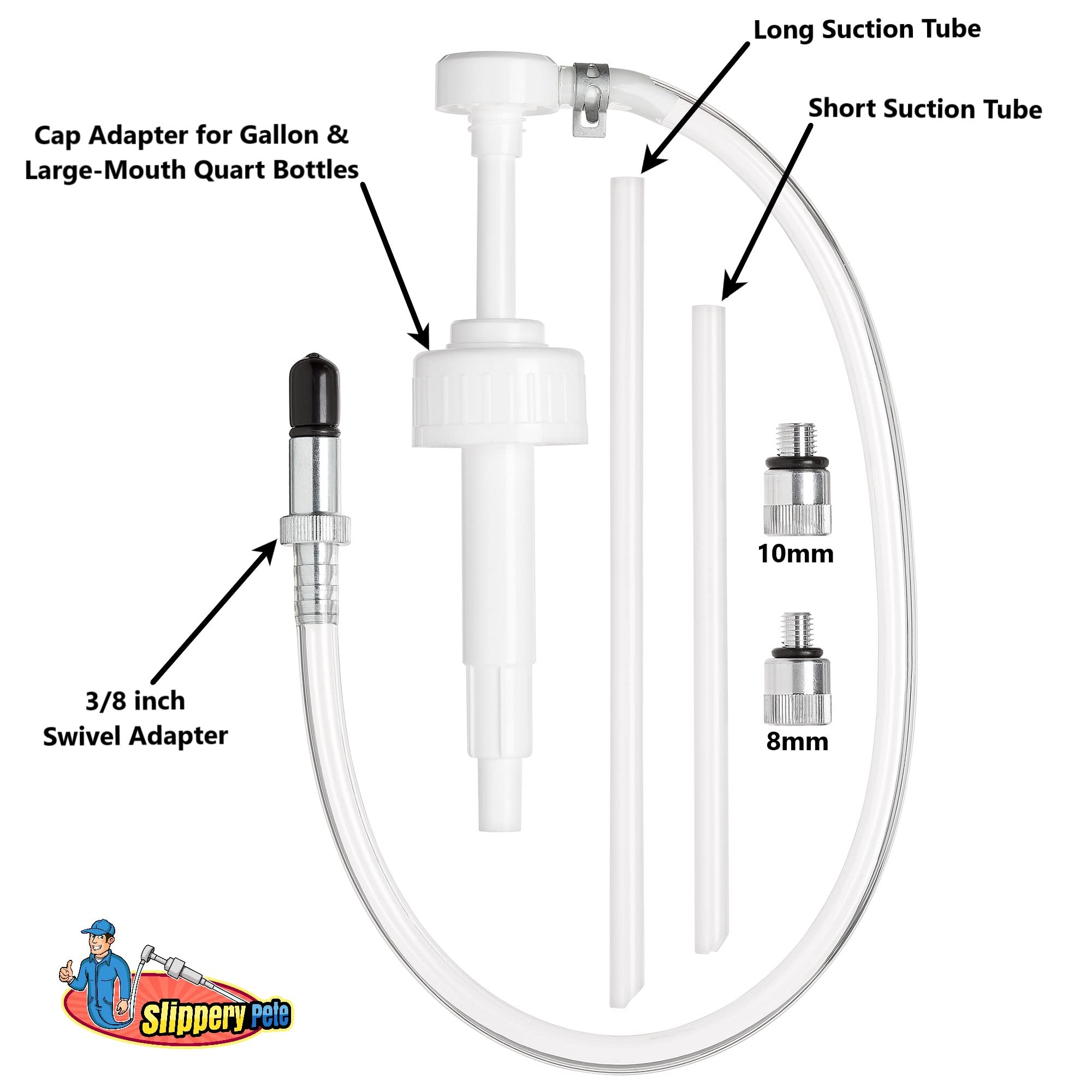 Slippery Pete - Lower Unit Gear Oil Pump For Wide-Mouth Quart Bottles, Includes 3/8 Inch Metal Swivel, 8Mm, 10Mm Adapters Fits M