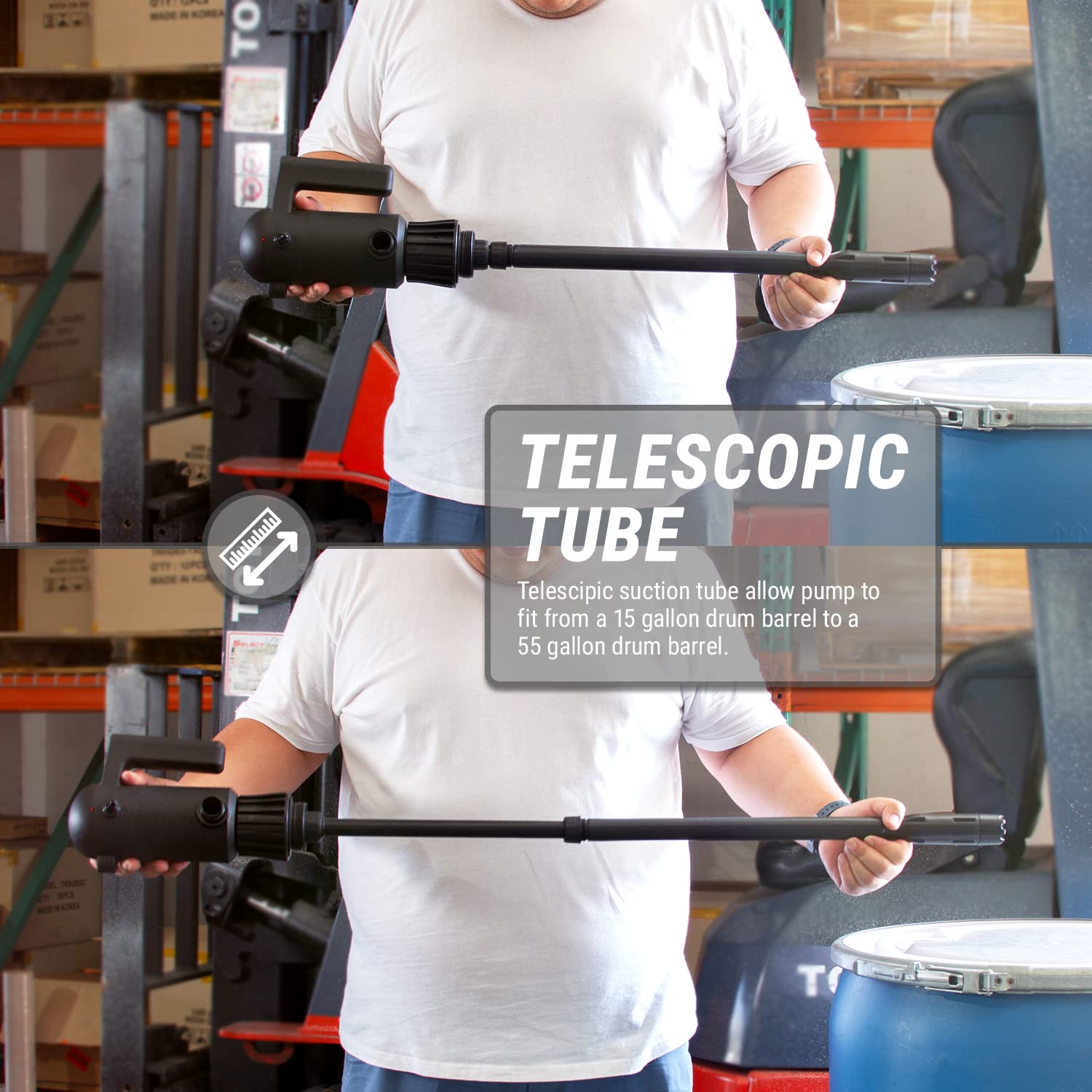 TERA PUMP TREDRUME-CH-M Telescopic Chemical Pump - Electric 55 Gal Drum Barrel Pump with Flow Meter/Ethanol/Methanol/DEF/Water (