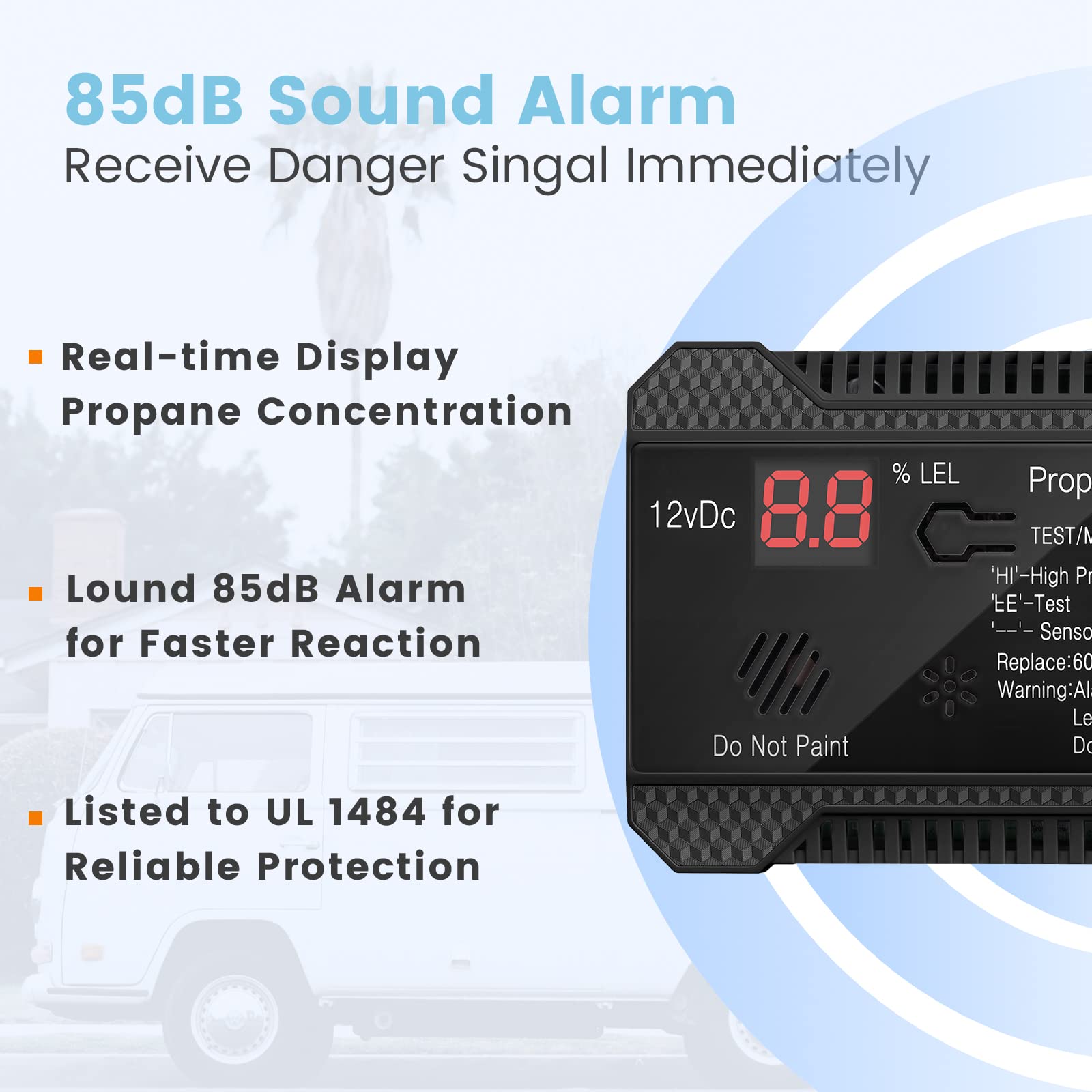 Funomo Rv Propane Gas Detector, 85Db Loud Alarm Dc 12V, Mini Compact Design Rv Propane Alarm For Trailer, Camper, Motorhome, Motorcoach (Black)