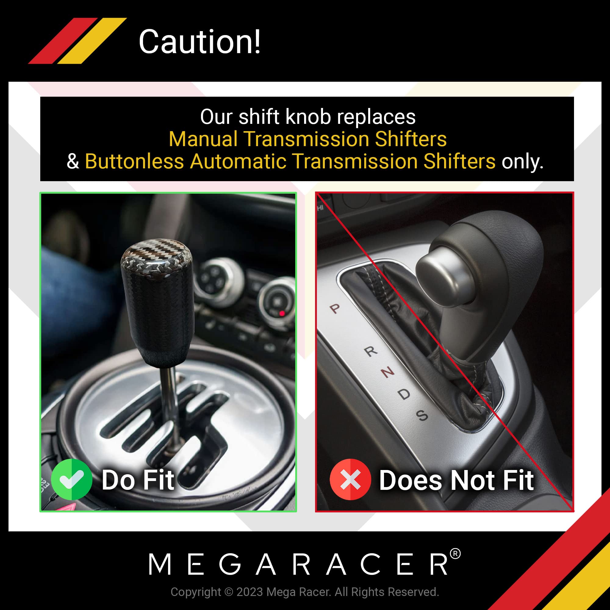 Mega Racer 7 Cm Real Carbon Fiber Shift Knob - For Buttonless Automatic & 4, 5 And 6 Speed Manual Transmission Vehicles, 100% Ca