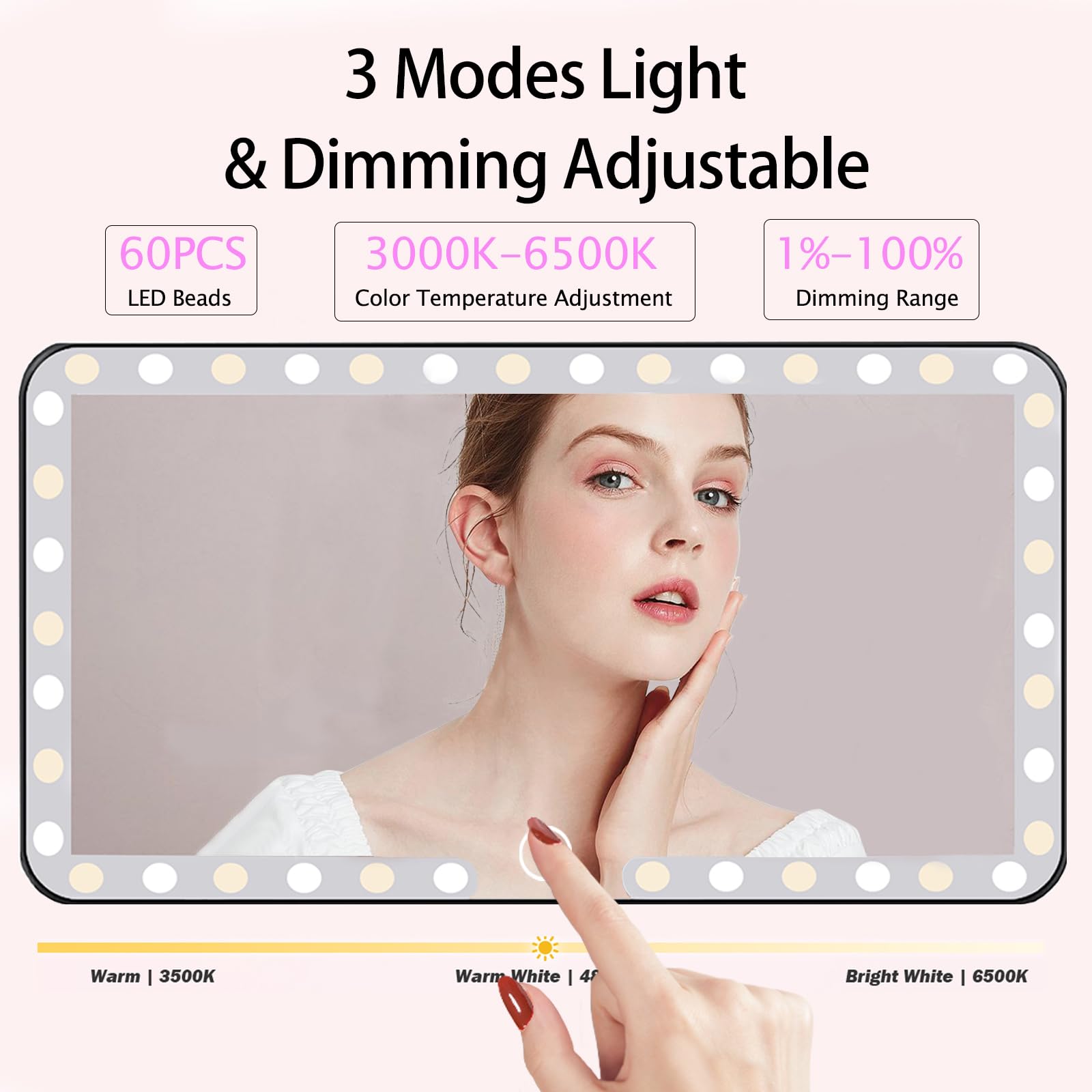 Deluxsa Car Sun Visor Vanity Mirror,Rechargeable Car Mirror with 3 Light Modes & 60 LEDs, Makeup Mirror with Dimmable Touch Scre