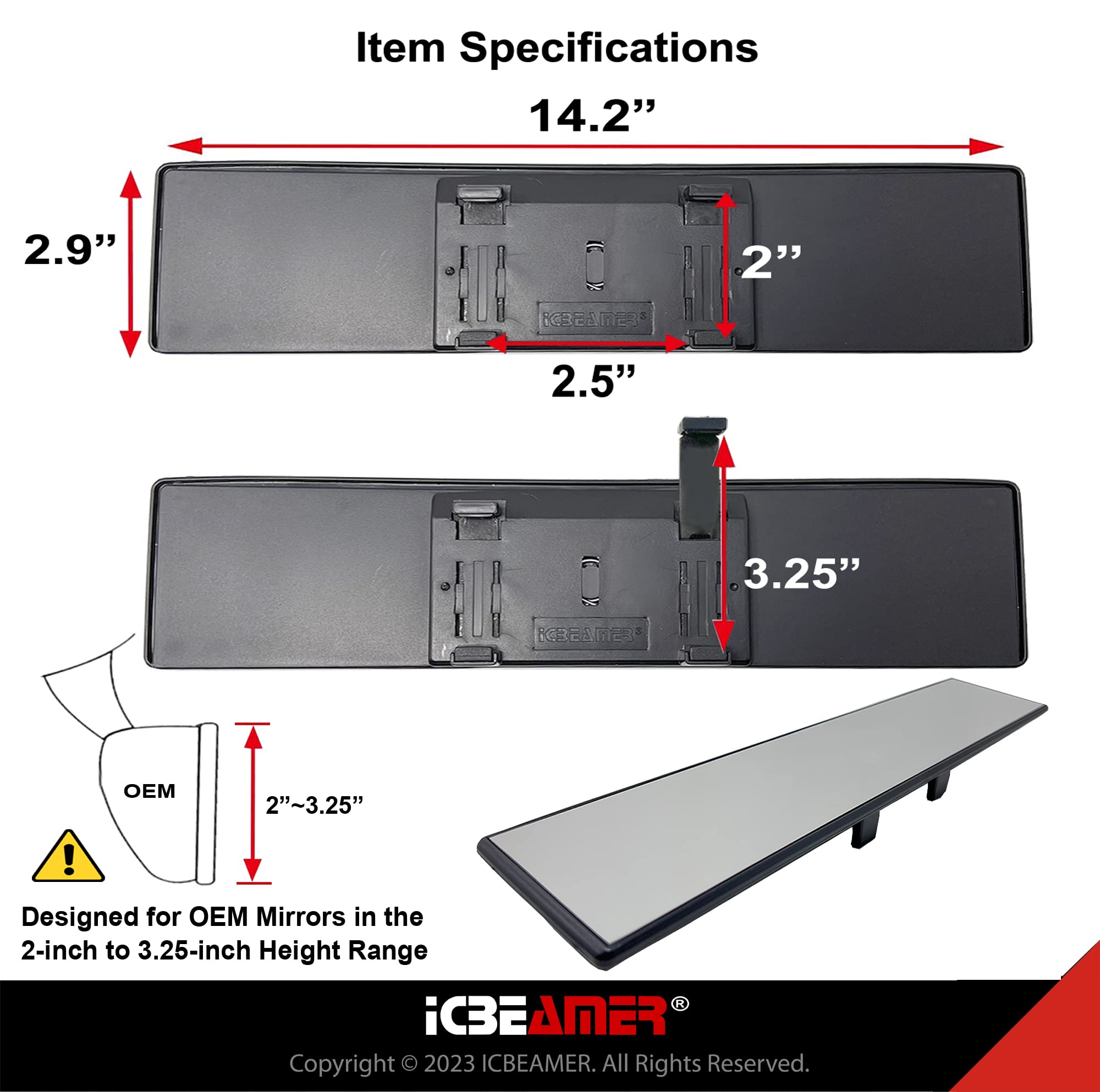 Icbeamer 14.2'' Car Rear View Mirror, Clear Flat Surface, 360Mm Panoramic Wide Angle, Blindspot Mirror Accessories For Car, Rubb