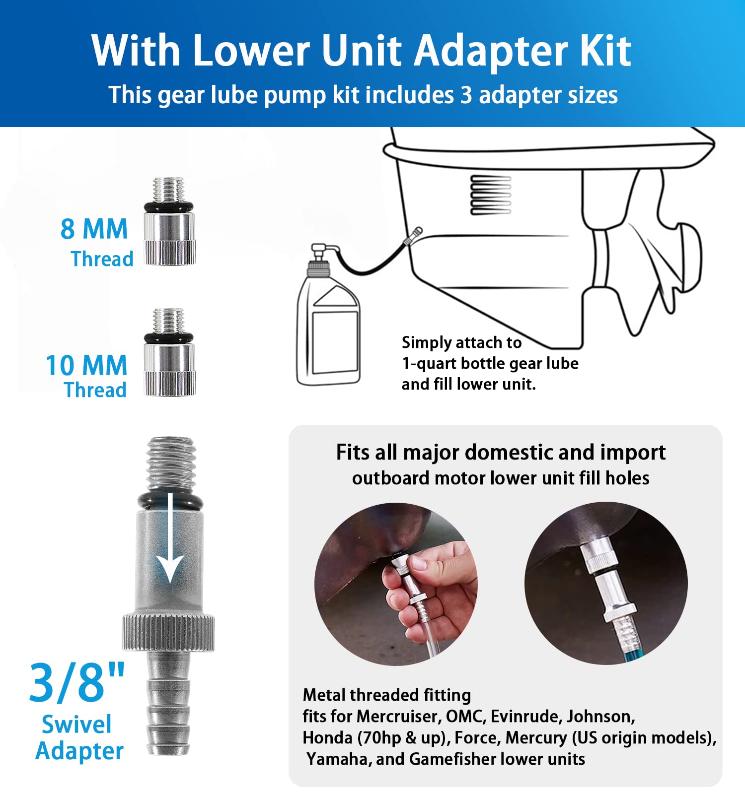 Manual Lower Unit Gear Oil Pump Kit With 8 Mm/10 Mm Generic Metal Adapter, Standard Quart Bottle Gear Lube Fluid Transfer Pump,