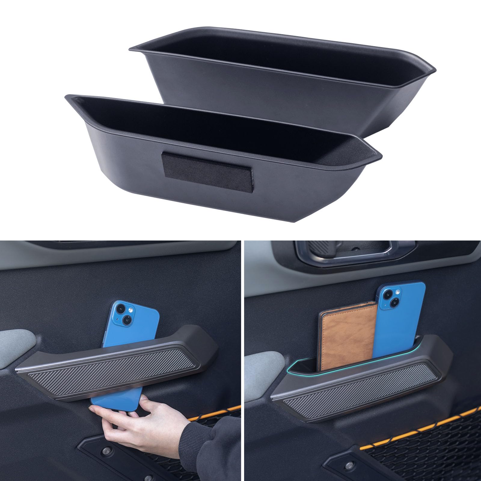 TOPINSTALL 2PCS Front Door Storage Box Compatible with Ford Bronco 2021-2025 Accessories, Phone Holder Door Grab Handle Pocket S