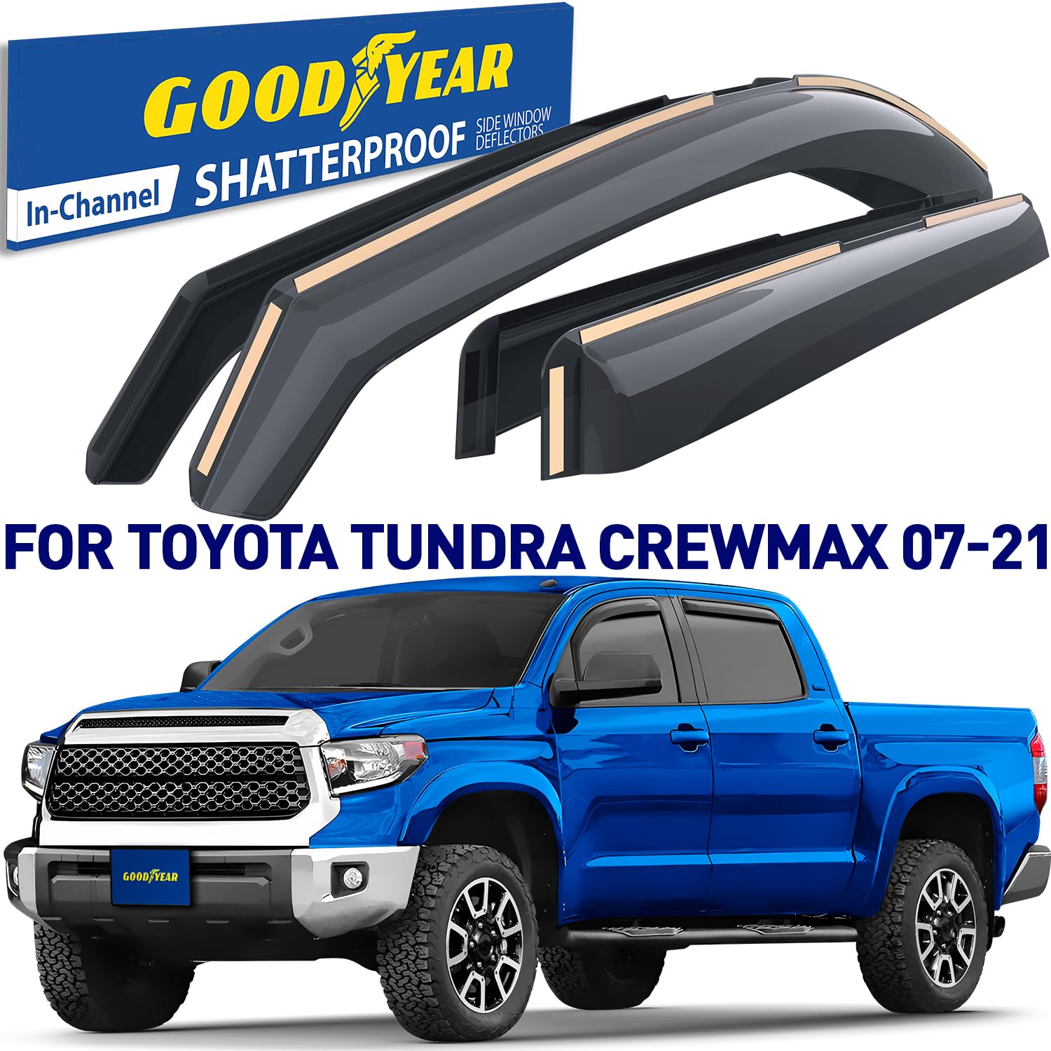 Goodyear Shatterproof In-Channel Window Deflectors For Toyota Tundra 2007-2021 Crewmax, Rain Guards, Window Visors For Cars, Ven