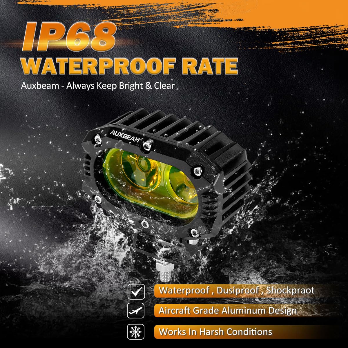 Auxbeam 4 Inch Led Amber Pod Light, 5050 Driving Light 60W Yellow Flood Beam Square Pod Fog Light With Dt Wiring Harness For Mot