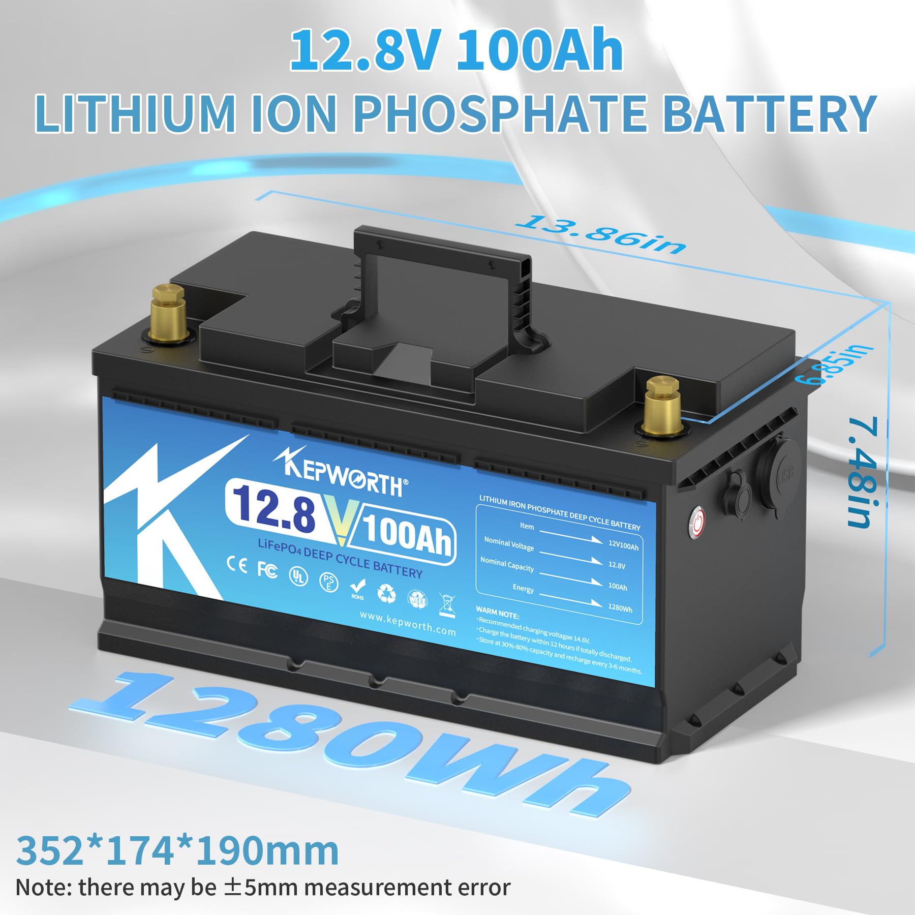 Kepworth 12.8V 100Ah Lifepo4 Battery Rechargeable Lithium Battery With 100A Bms, 4000-15000 Deep Cycles, Grade A Lithium Iron Phosphate Battery Cells, For Trolling Motor, Boat, Rv, Solar