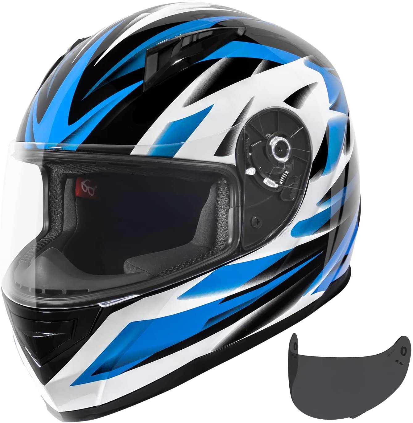 Vcan Vx Lightweight Full Face Motorcycle Street Bike Helmet With Extra Tinted Visor Dot Approved (Gloss Black Stream Blue, Mediu