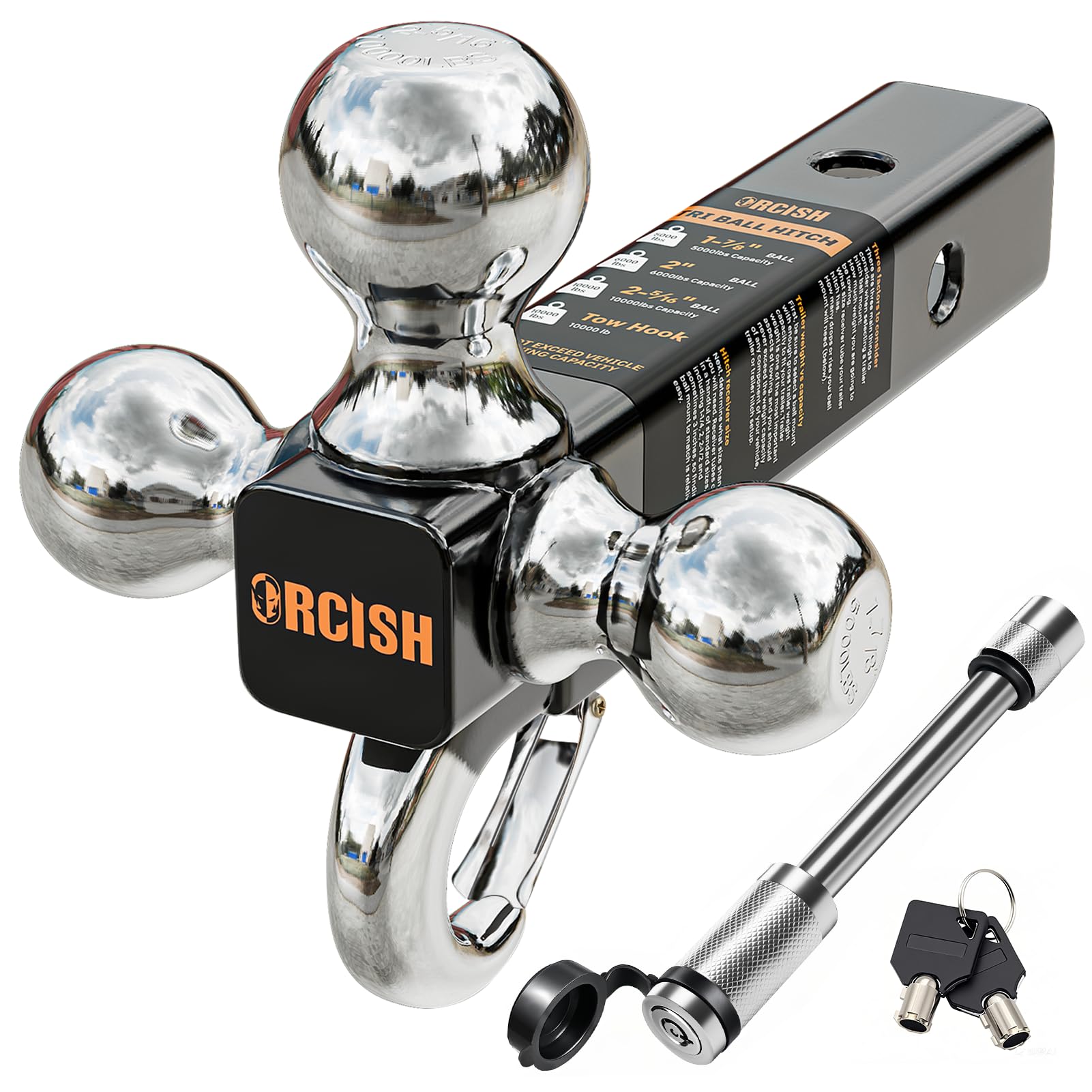Orcish Trailer Hitch Tri-Ball Mount With Hook Contain Secure Self-Lock Latch, Trailer Ball Size 1-7/8'', 2'' And 2-5/16'', Fit 2